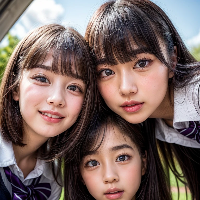 Best_Quality, HDR, masterpiece, Hi-Res, (realistic and photorealistic with touch of rawness:1.37), (group photo:1.6), ((3SchoolGirls Surrounding the camera in Upward composition)), Panoramic, (NOGIZAKA face variations:1.4), { Looking down at the camera | (Kissing face to face) }, (((close:1.2, Face closeup from below:1.4))), (((Sky background)) with CherryBlossoms) . BREAK  Extremely Detailed KAWAII face variations, captivating gaze, elaborate detailed Eyes with (sparkling highlights:1.32), long eyelashes、Glossy RED Lips with beautiful details, Coquettish tongue, Rosy cheeks, Glistening ivory skin . { (Dynamic joyful expressions) | (:D) | (Kissing) }, Childish, SchoolUniform, { Bangs | Hime cut  | OKAPPA } 