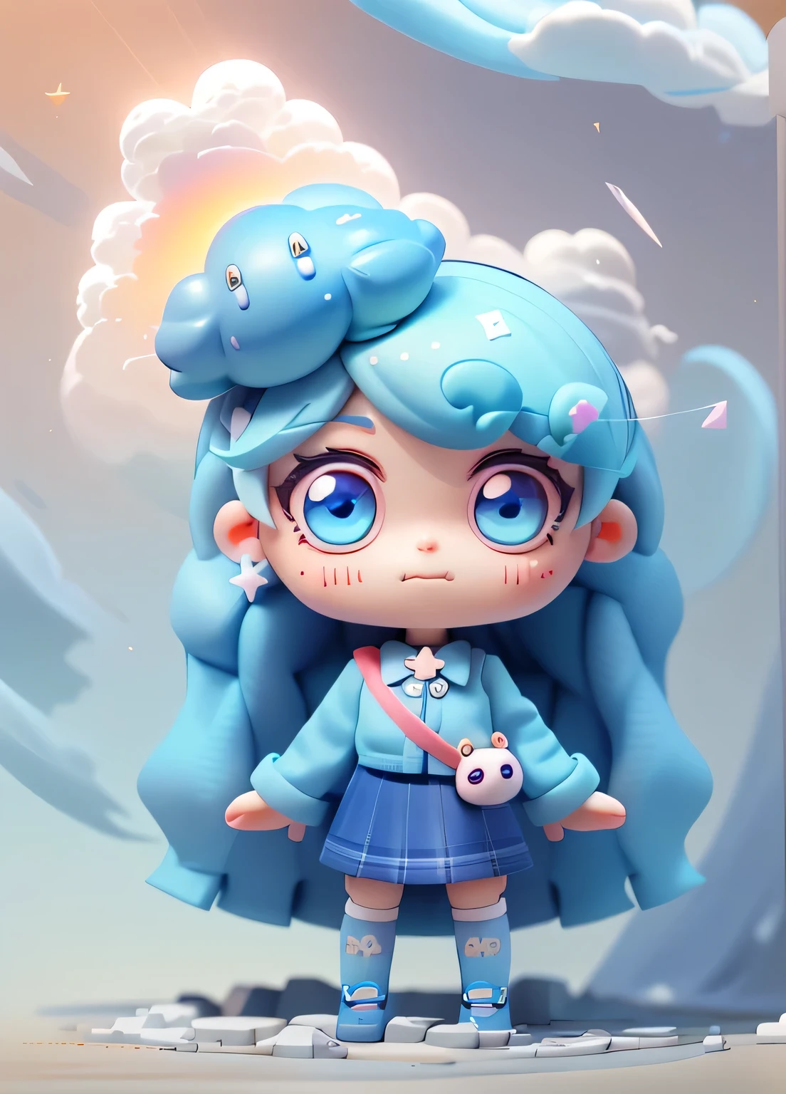 Blind box style girl IP,whole body,Cute chibi girl,Light blue hair,There is a rainbow cloud above her head,3D Pixar,Happy face,clay,She is wearing a suit,White sleeves,A plaid shirt on top and a navy skirt with stars on the bottom。She has rainbow eyes.,She also wore knee-high socks with stripes on the bottom and dark blue shoes.,chibi style,Octane Rendering,close up,Highly detailed
