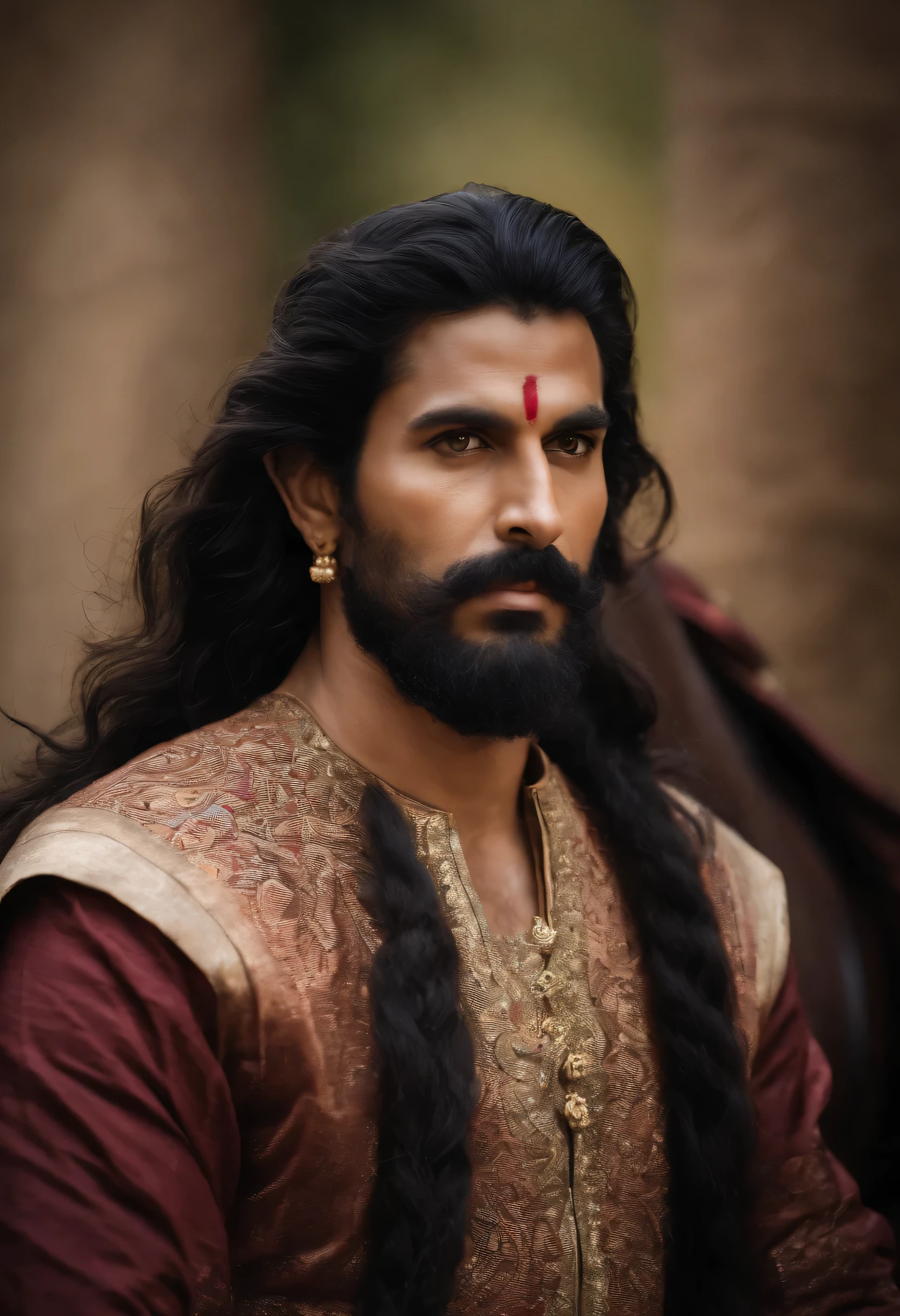 Mughal king, has a big scar on his left eye, five foot seven inch height, strongly built, dark complexion, man around 45 years old, natural black hair, distinctive blue eyes, wearing a kings cloths, slender and graceful, beautiful, candlelight in a medieval setting, ultra sharp focus, realistic shot, mughal male clothes, tetradic colors (scar:1.4)while riding horses