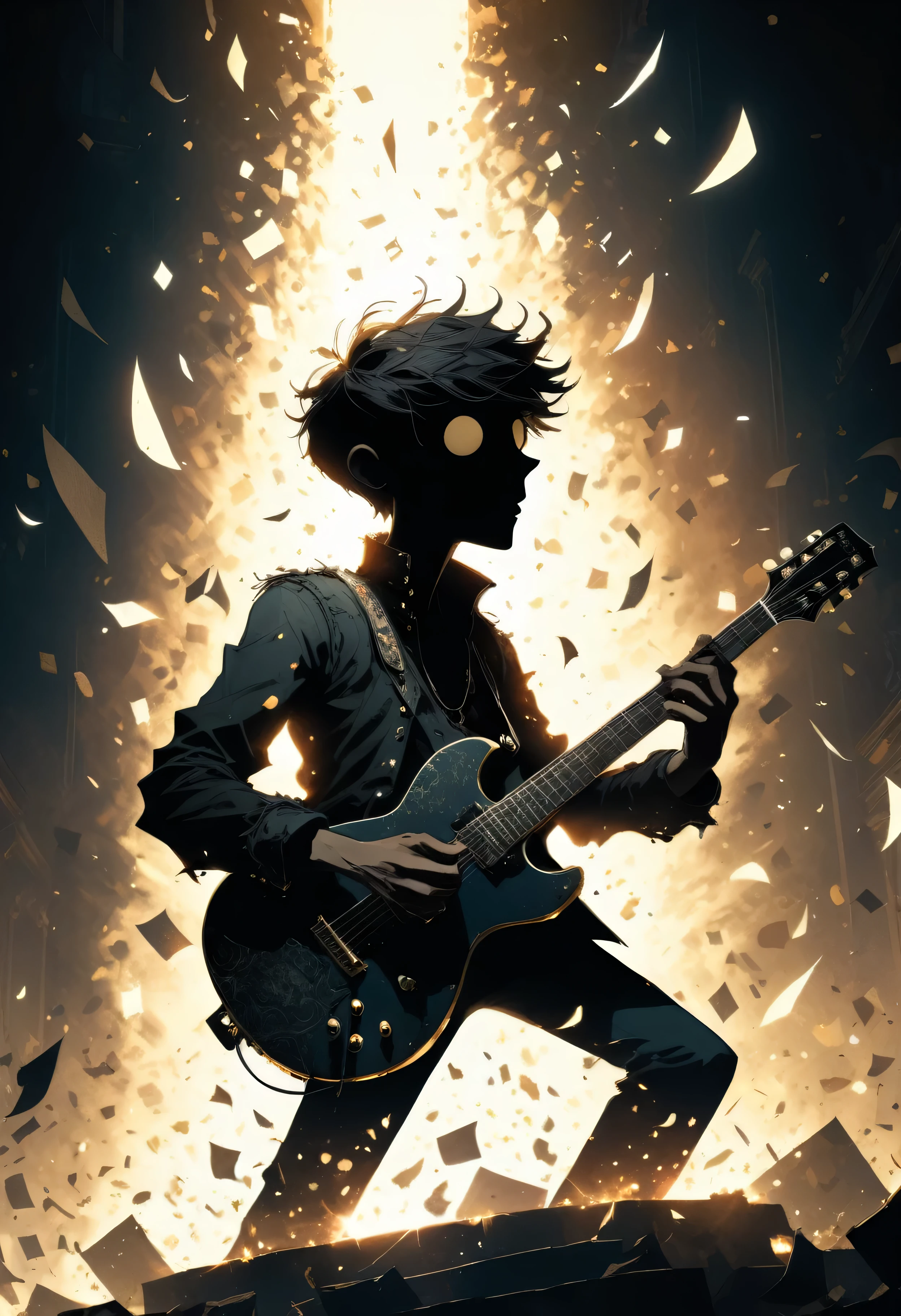 SimplepositiveXLv1, upper body, Ultra High Resolution, wallpaper, 8K,Rich texture details, hyper detailed, detailed background, dramatic angle, professional lighting,epic composition, a young man as a ((shadow puppeteer)) with ((cropped cut haircut)) Electrifying guitar solo before a massive cheering crowd. magical portal with particles, outdoor lighting, baroque Stone art by Eric Lacombe