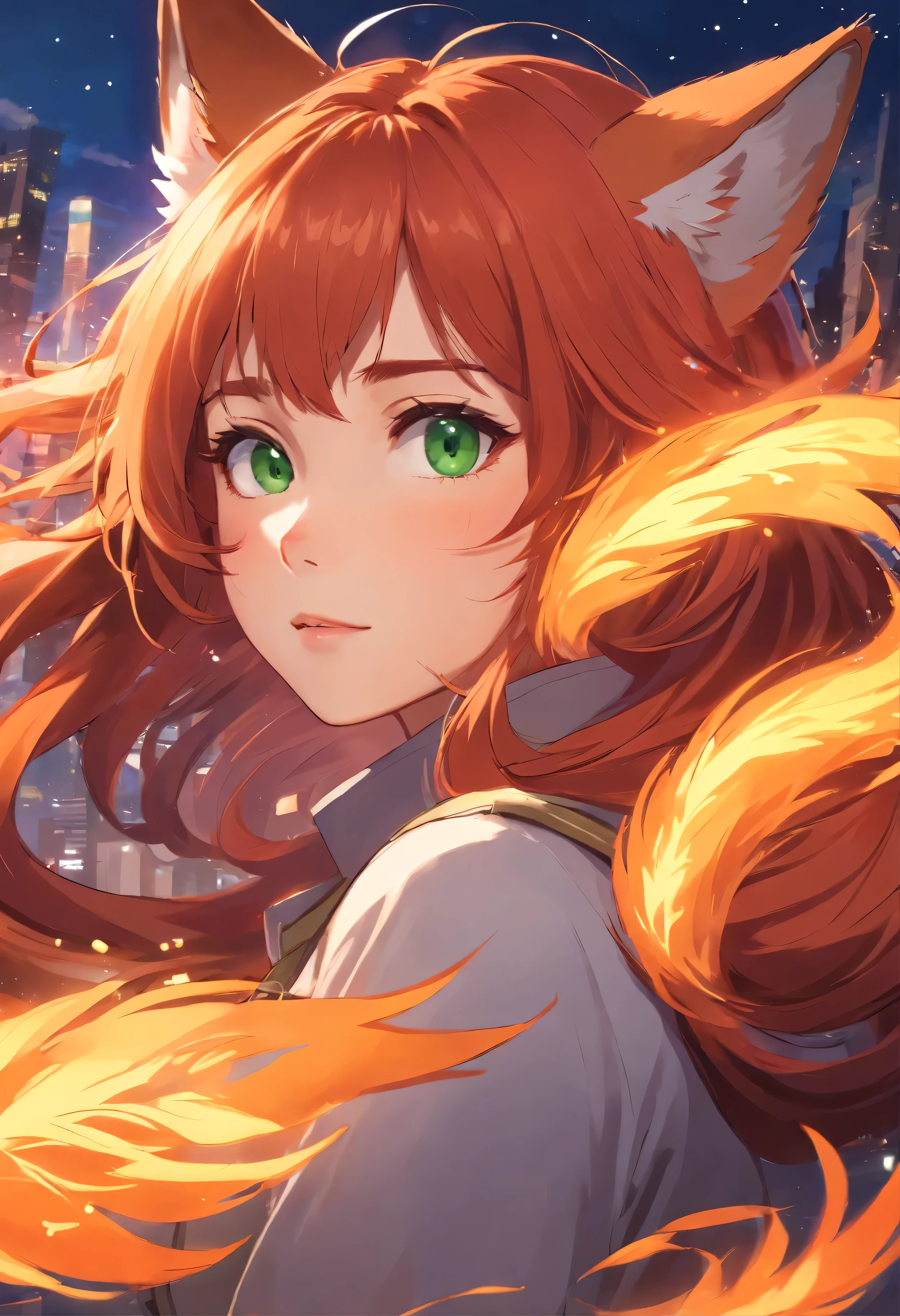 a close up of a woman with red hair and a fox, a beautiful fox lady, foxgirl, orange skin and long fiery hair, green eyes, magali villeneuve', graphic artist magali villeneuve, ginger hair and fur, inspired by Magali Villeneuve, in style of anne stokes, red haired goddess, fantasy fox love, fire hair, by Galen Dara
