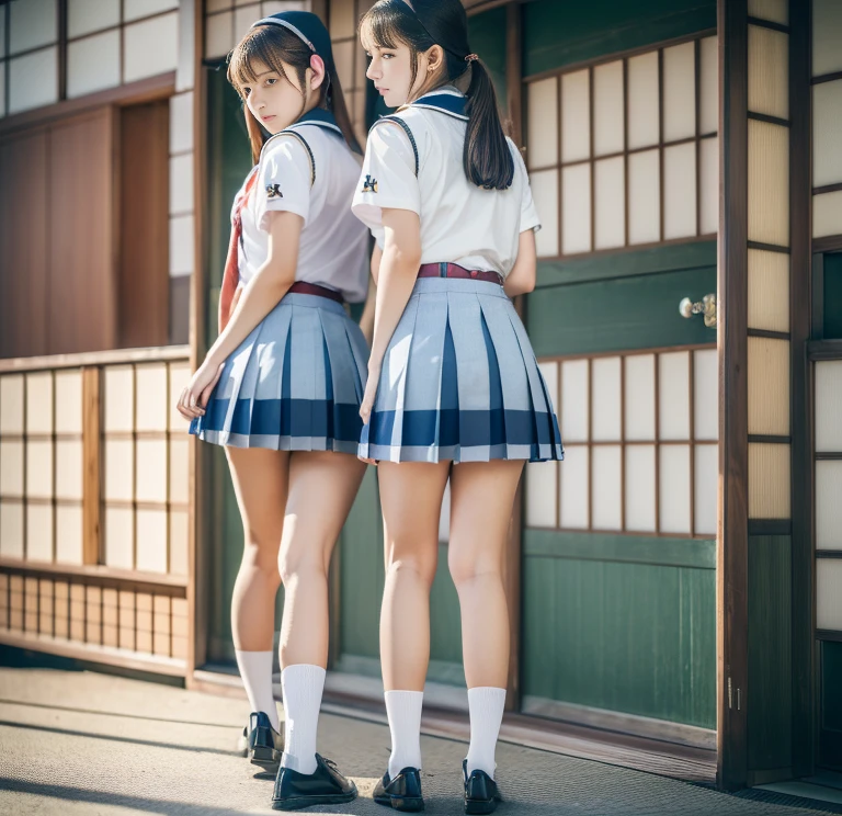 (highest quality, 8k, masterpiece: 1.3)), Ultra-realistic, RAW Photos, Rich colors, Realistic,slouch, Backwards,Back Angle,Beautiful legs,(Japanese,high school girl,uniform,Beautiful legs:1.5),Low - Angle,