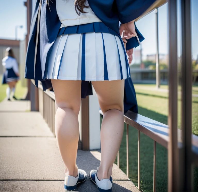 (highest quality, 8k, masterpiece: 1.3)), Ultra-realistic, RAW Photos, Rich colors, Realistic,slouch, Backwards,Back Angle,Beautiful legs,(Japanese,high school girl,uniform,Beautiful legs:1.5),Low - Angle,
