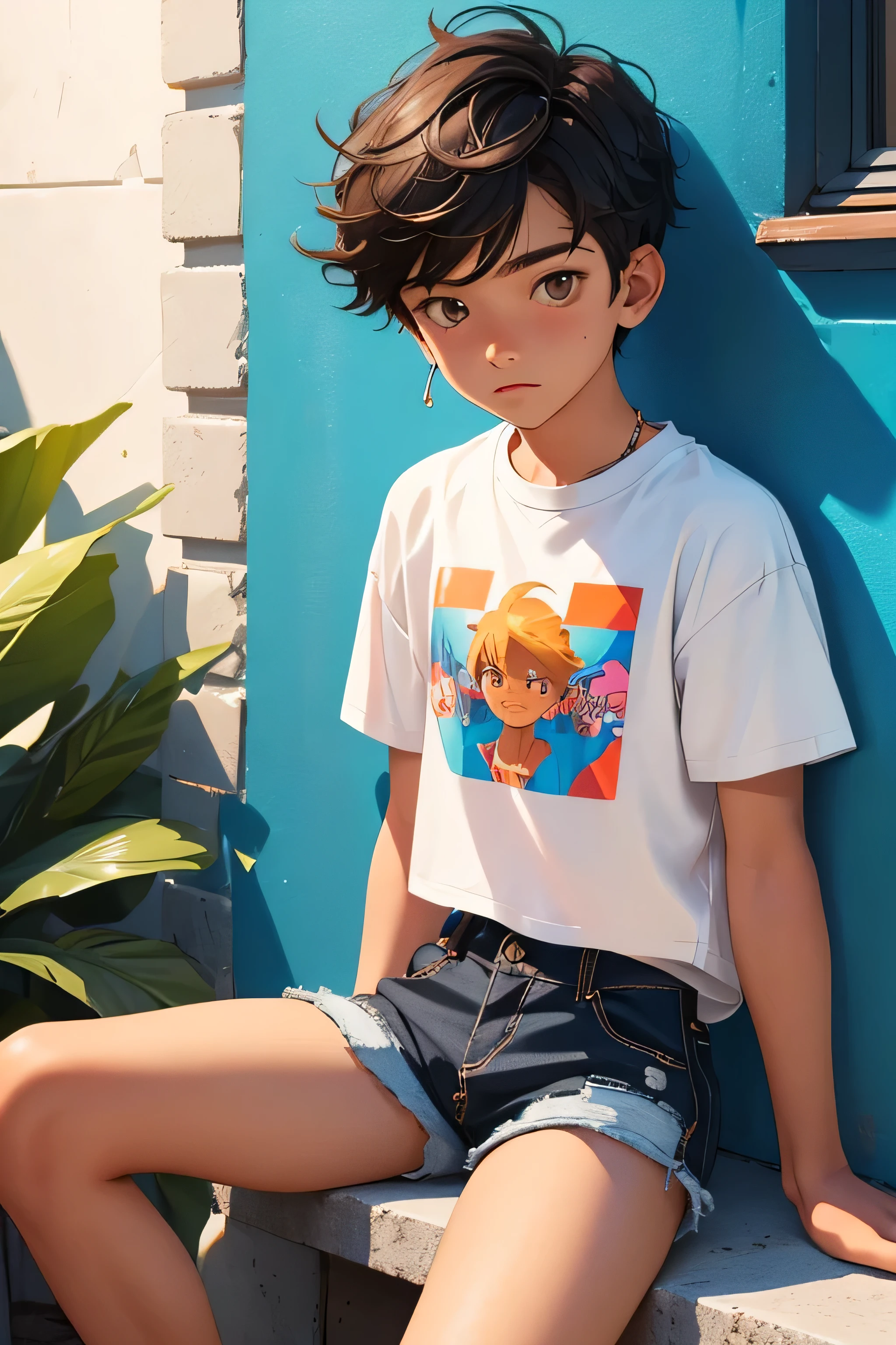 , the boy is wearing a cropped shirt and too very much short mini shorts, the boy's legs are long and beautiful, his legs are very tanned, hot summer, top quality