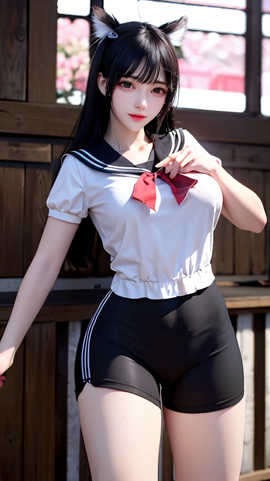 （Very delicate and beautiful：1.2）super model,,Big Breasts,Beautiful breasts,voluptuous,【bike shorts】,,【3girls】,,highest quality, High resolution, 8K,Sailor suit,Kick in a hurry