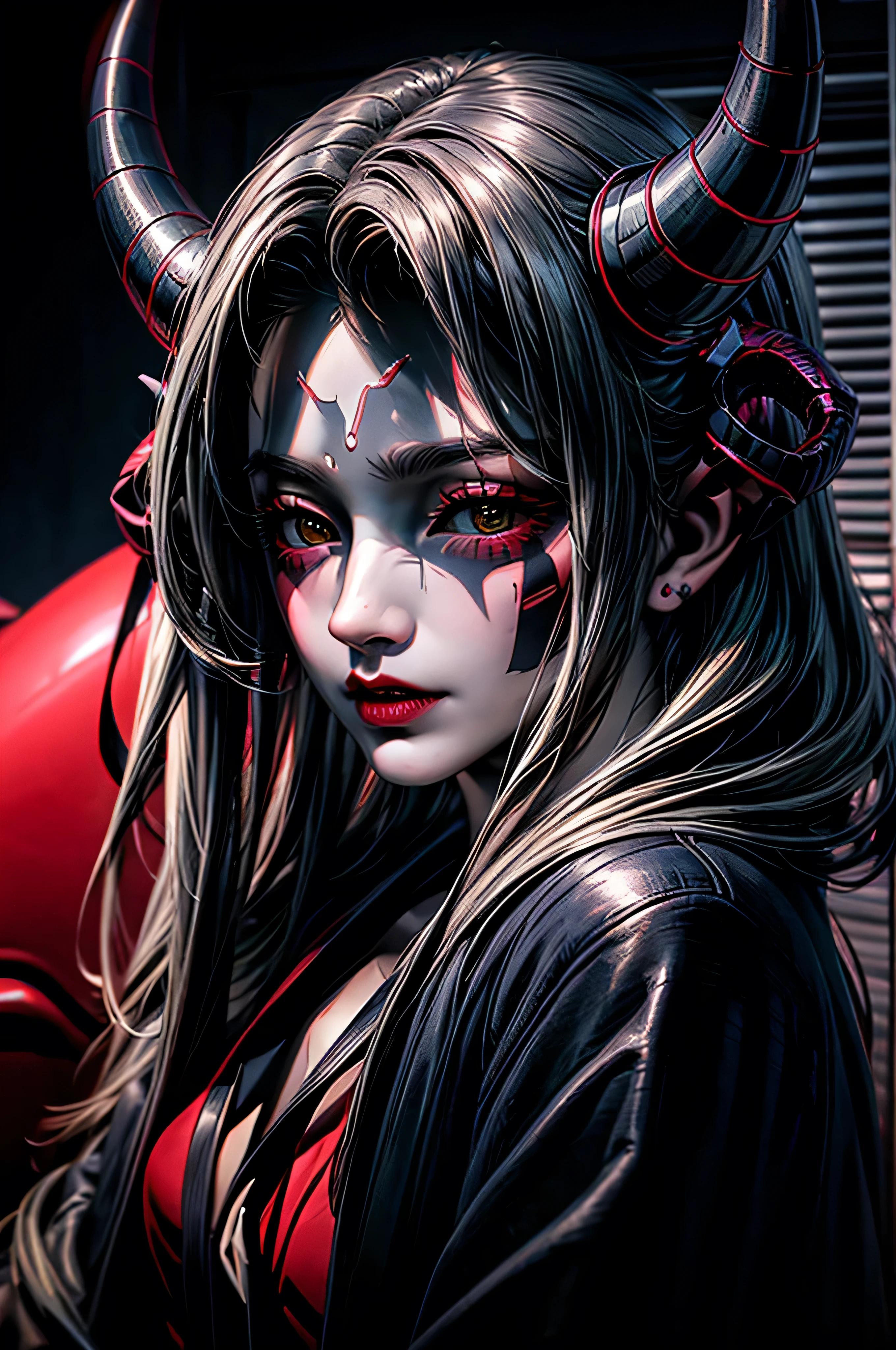 masterpiece,portrait,ultra-detailed,1girl,sologirl,beautiful girl with mask ,mask with long horns and demonic vibe ,whole vibe is black dark and black vibe ,black,dark background,oni mask ,