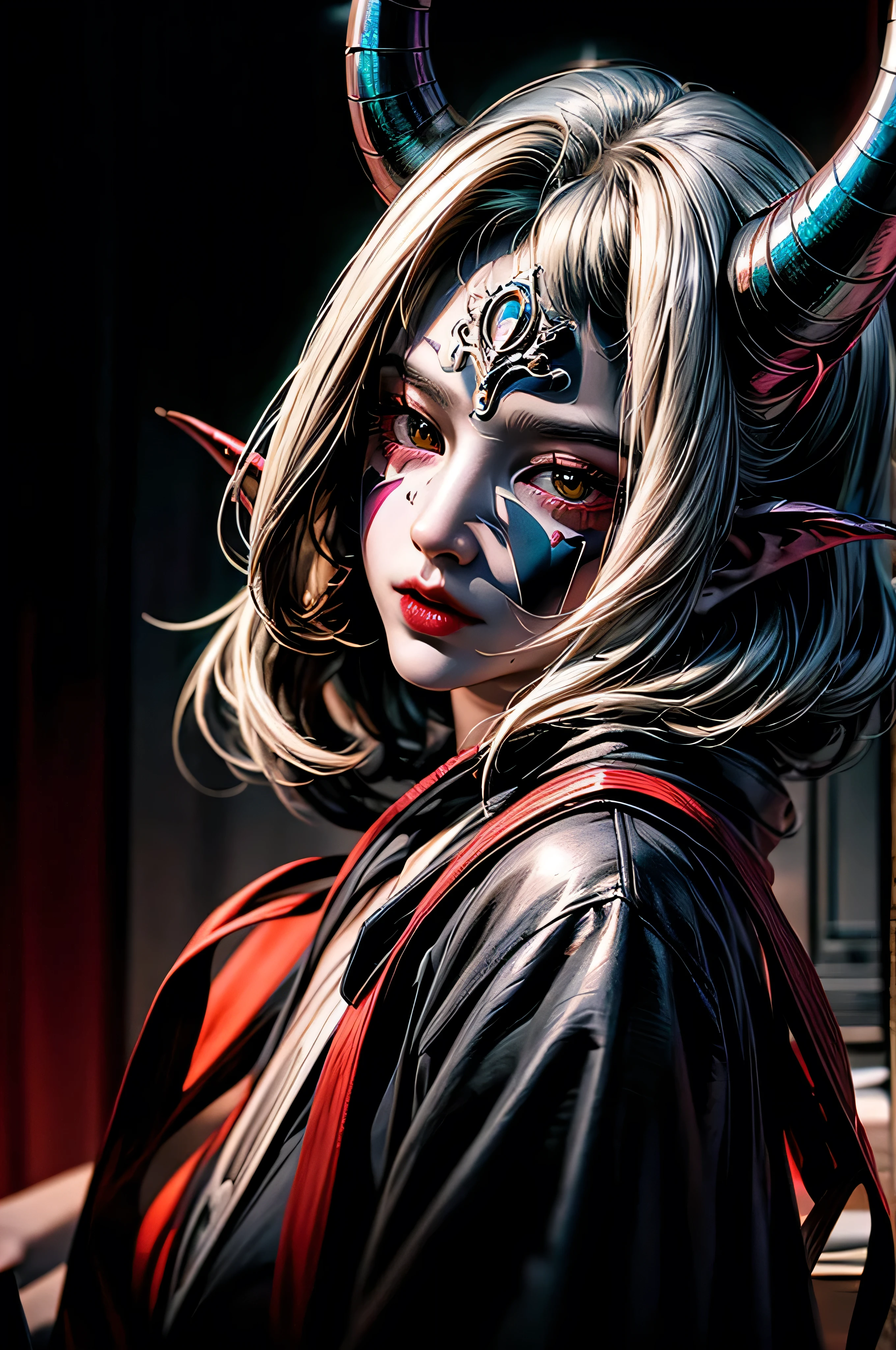 masterpiece,portrait,ultra-detailed,1girl,sologirl,beautiful girl with mask ,mask with long horns and demonic vibe ,whole vibe is black dark and black vibe ,black,dark background,oni mask ,