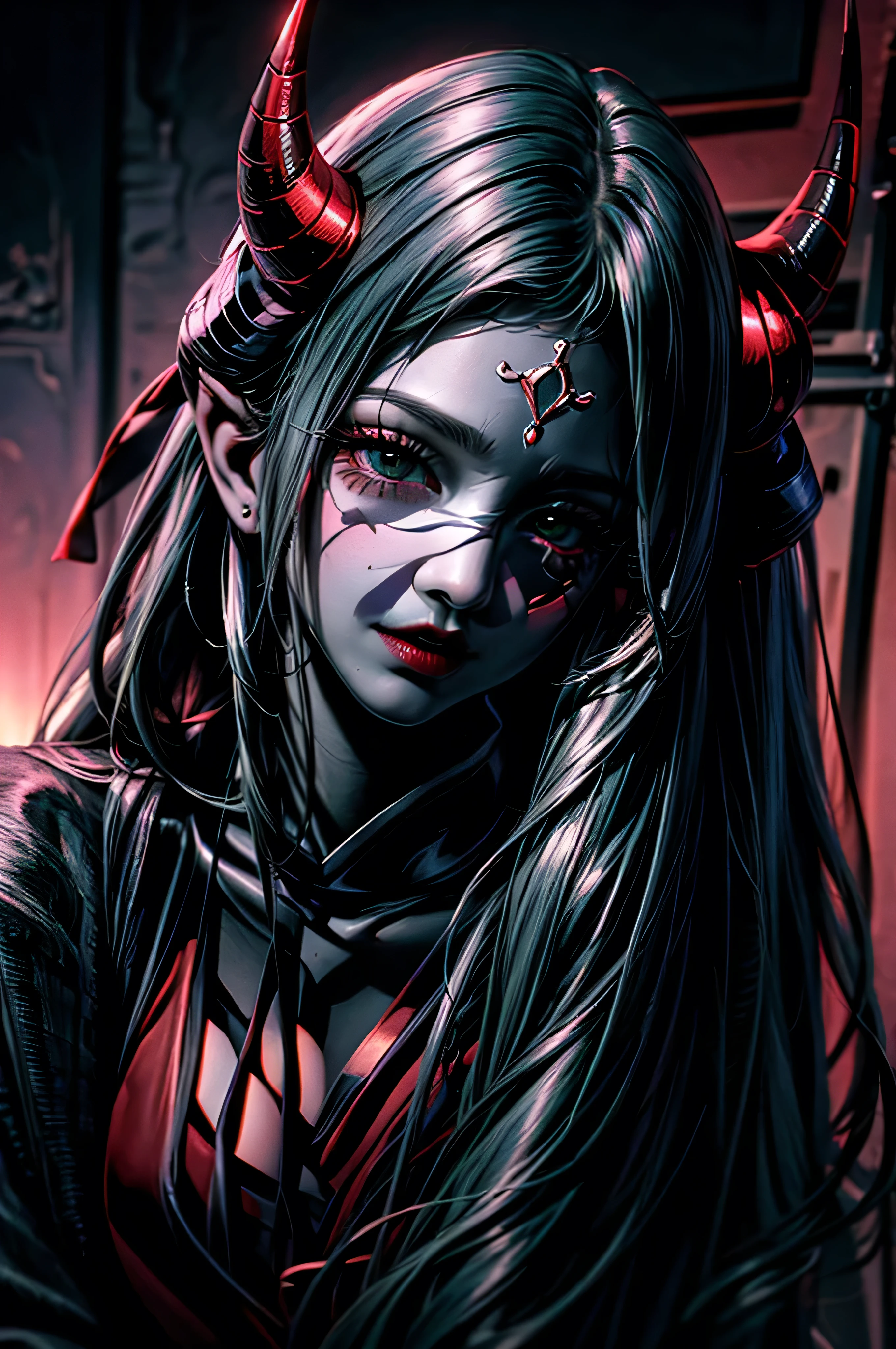 masterpiece,portrait,ultra-detailed,1girl,sologirl,beautiful girl with mask ,mask with long horns and demonic vibe ,whole vibe is black dark and black vibe ,black,dark background,oni mask ,