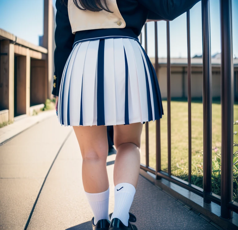 (highest quality, 8k, masterpiece: 1.3)), Ultra-realistic, RAW Photos, Rich colors, Realistic, Backwards,Back Angle,Low - Angle,(Japanese,high school girl,uniform,Beautiful legs:1.4),