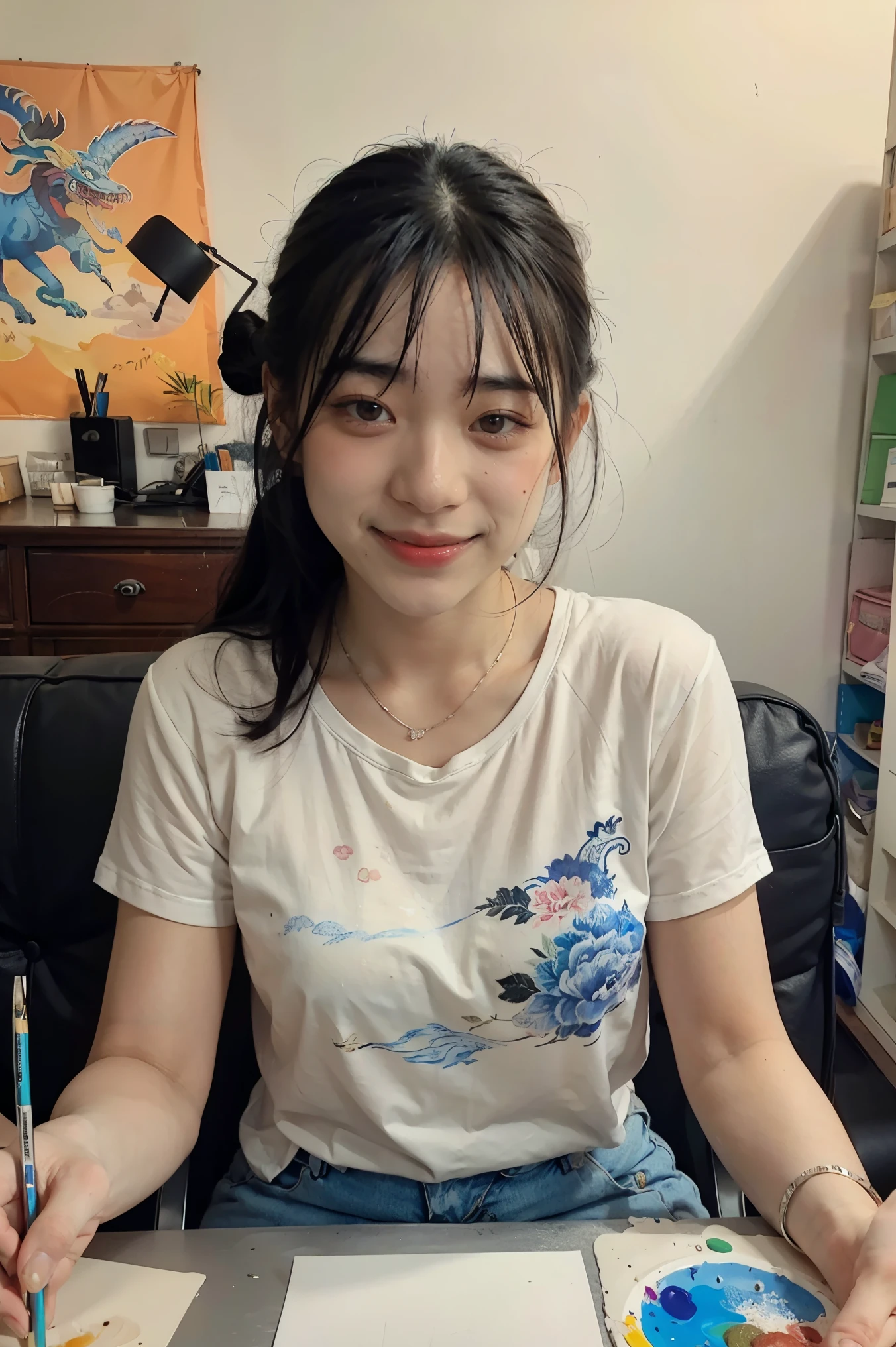 (8K selfie photo, high definition, beautiful painting style), (subject: (1 woman: Chen Xintong), long wavy hair at the front, rose dress, neat side distribution type, elegant back seat, beautiful side face, cherry small mouth, deep and charming eyes,): 0.6, (background: simple modern office, high-end computer equipment, calm and calm, waiting for instant enlightenment) : 0.4