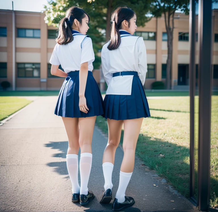 (highest quality, 8k, masterpiece: 1.3)), Ultra-realistic, RAW Photos, Rich colors, Realistic, Backwards,Back Angle,Low - Angle,(Japanese,1 High school girl,uniform,Beautiful legs:1.4),loose socks,