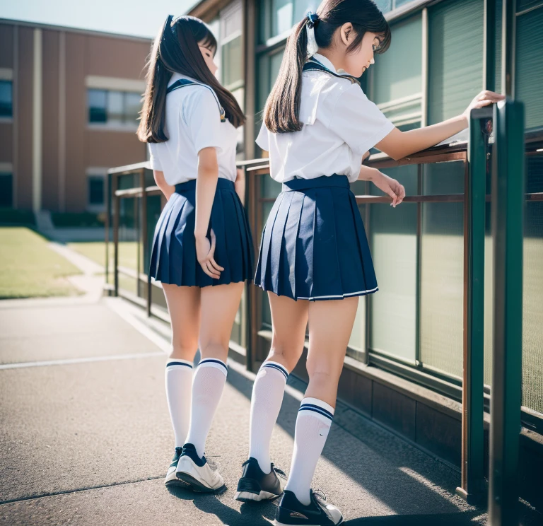 (highest quality, 8k, masterpiece: 1.3)), Ultra-realistic, RAW Photos, Rich colors, Realistic, Backwards,Back Angle,Low - Angle,(Japanese,1 High school girl,uniform,Beautiful legs:1.4),loose socks,