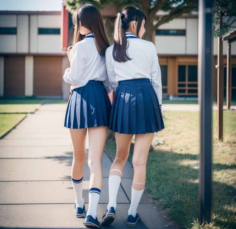 (highest quality, 8k, masterpiece: 1.3)), Ultra-realistic, RAW Photos, Rich colors, Realistic, Backwards,Back Angle,Low - Angle,(Japanese,1 High school girl,uniform,Beautiful legs:1.4),loose socks,