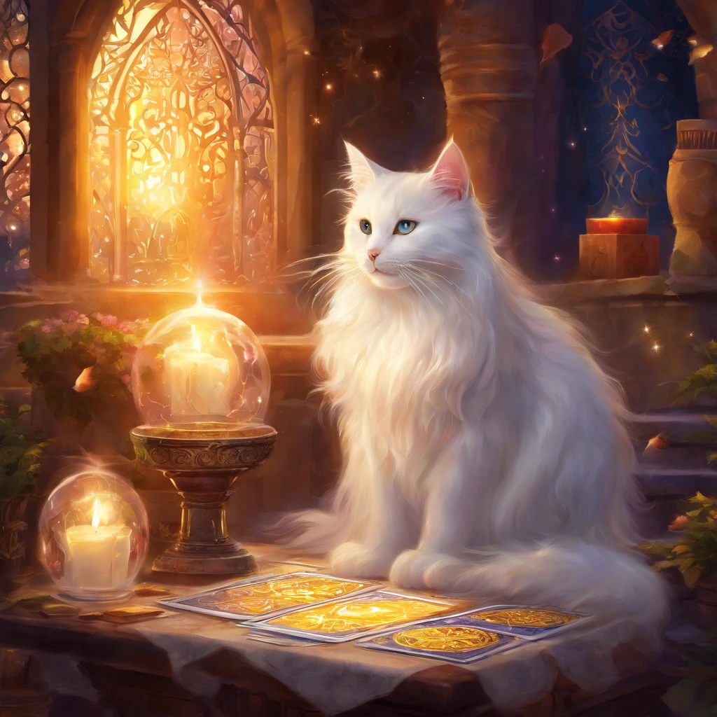 A beautiful long-haired cute white cat enjoying a tarot card reading,moonlight,A fantastic and mysterious background with starlight