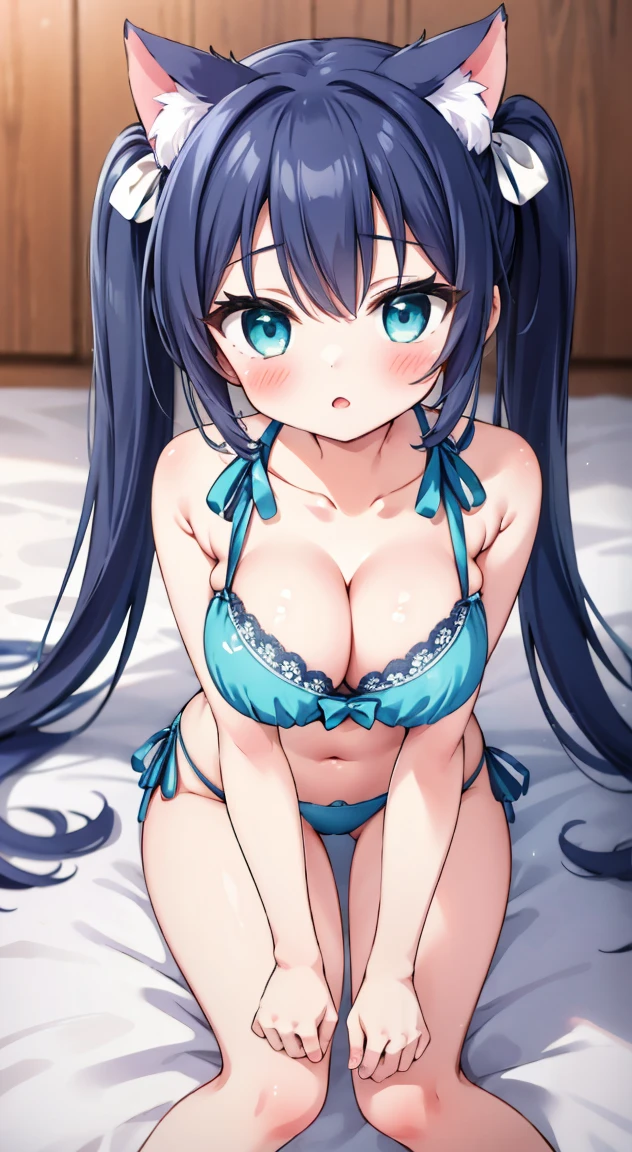 side tie panties,ribbon good, ribbon panties,cat bra, lace panties,twin tails,blush, full-face blush,masterpiece, highest quality, (anime screencap:1.3),(shape), cute,(simple:1), (anime:1.2),Solo Sharp Focus, 1 girl, cleavage,looking at the viewer,sit flat on the floor with one's legs bent backwards,paw pose,room,bed,(( White cat lingerie)),big breasts,beautiful bust,beautiful hips,((cat lingerie))twintails hair,aqua color,puffy eyes,cute eyes,paw pose,(Cat ear1.1),