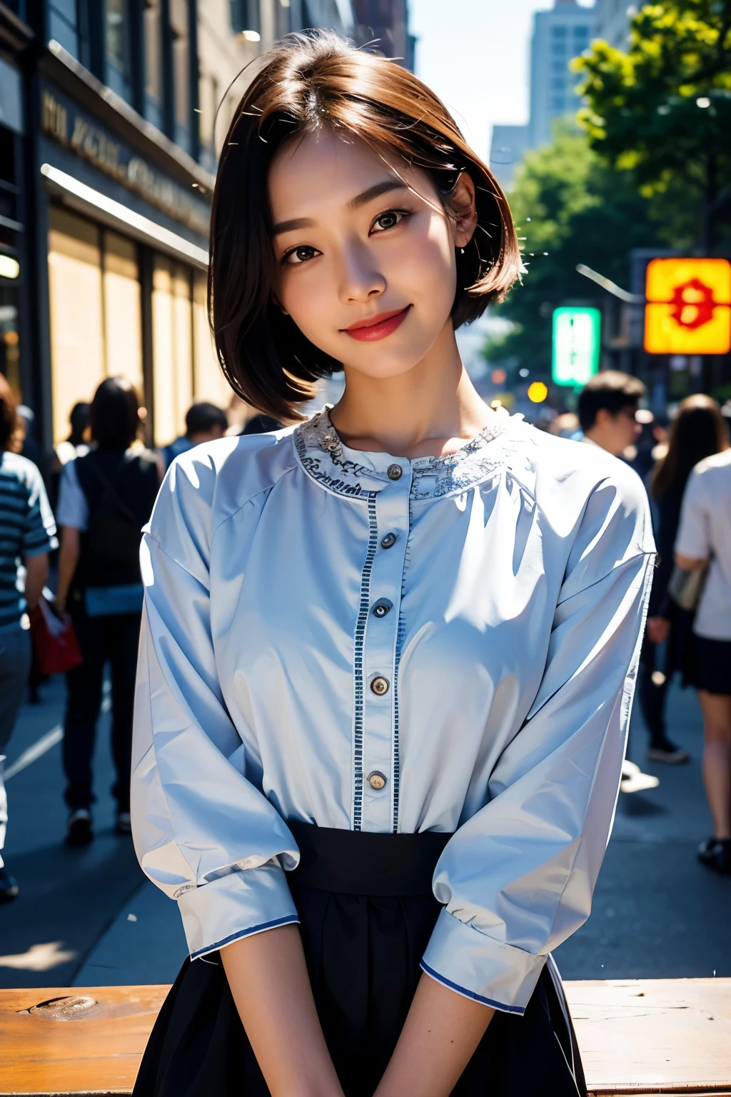 table top, 1 beautiful girl, detailed, best quality, ultra high resolution, (reality: 1.4), original photo, 1 girl, sixteen years old, movie lights, soft light, smiling, Japanese, asian beauty, Short hair, The ends of my hair are blowing in the wind, forehead, Clean, very beautiful, Little young face, beautiful skin, slim, (초reality주의), (high resolution), (8K), (매우 detailed), (beautiful and delicate eyes), (매우 detailed), (detailed face), fine details, detailed face, A friendly smile, looking straight ahead, neat clothes, dark colored eyes, outfit (blouse), At the Museum of Modern Art, New York, New York, New York, The crowd of spectators, front facing the body,
