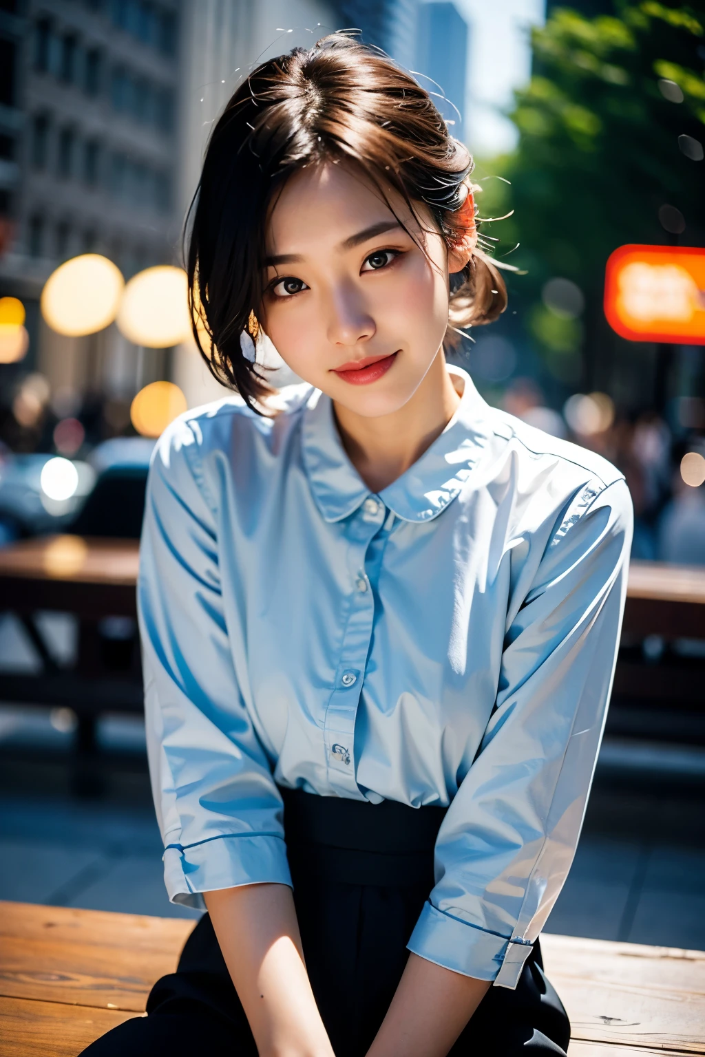 table top, 1 beautiful girl, detailed, best quality, ultra high resolution, (reality: 1.4), original photo, 1 girl, sixteen years old, movie lights, soft light, smiling, Japanese, asian beauty, Short hair, The ends of my hair are blowing in the wind, forehead, Clean, very beautiful, Little young face, beautiful skin, slim, (초reality주의), (high resolution), (8K), (매우 detailed), (beautiful and delicate eyes), (매우 detailed), (detailed face), fine details, detailed face, A friendly smile, looking straight ahead, neat clothes, dark colored eyes, outfit (blouse), At the Museum of Modern Art, New York, New York, New York, The crowd of spectators, front facing the body,