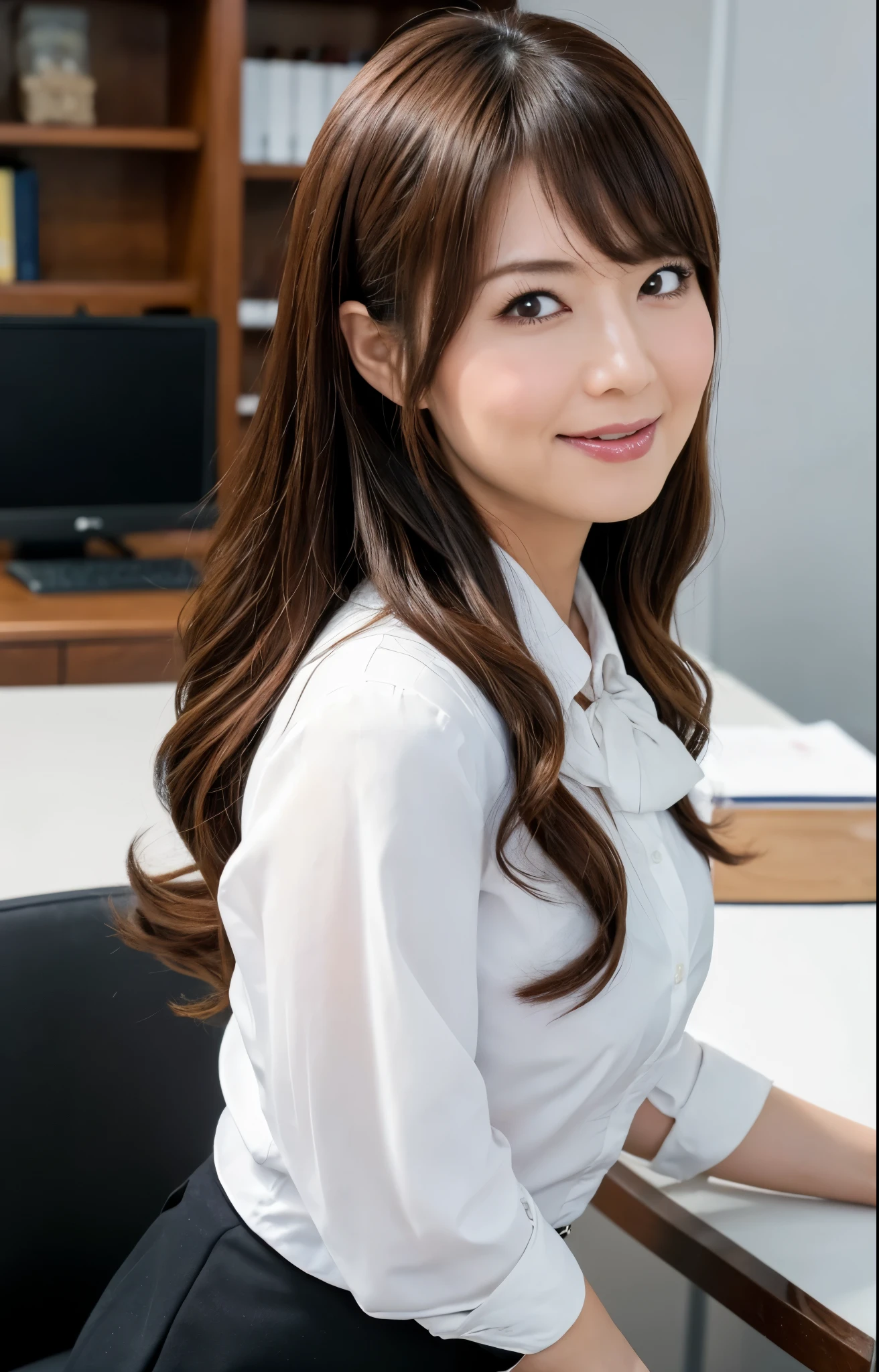 (Best quality, 8k, 32k, Masterpiece, UHD:1.2), from behind, 1 walking girl, beautiy Japanese office lady, (smile:0.5), (looking at the the viewer), 30 years old, bit chubby, white shirt, black skirt, office room, desk, detailed beautiful face, twin-tail wavy hair, from below,