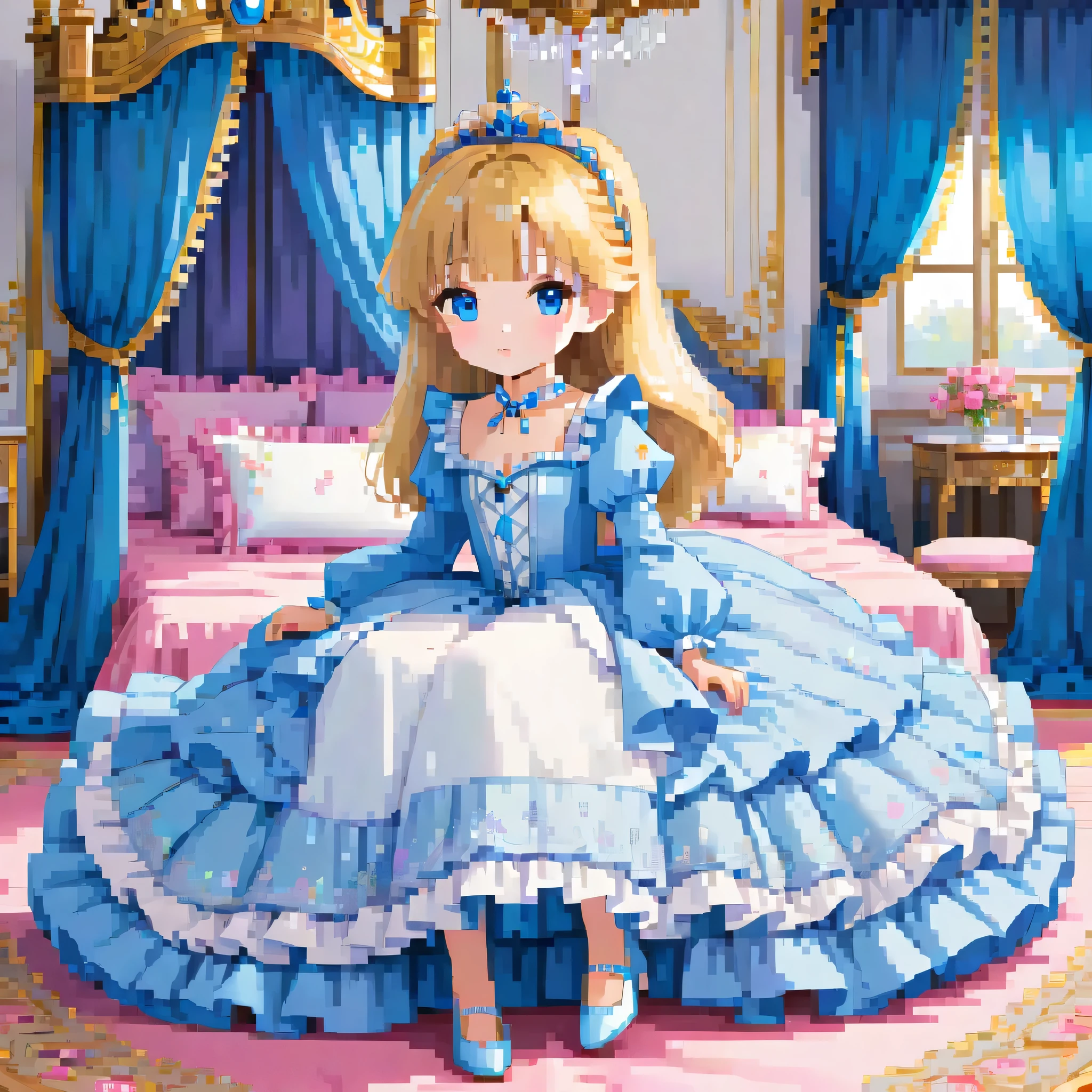 ,highest quality, masterpiece, highest resolution, artwork,,(( When I was 10 years old)),Super detailed baby face,Full length ball gown dress with hoop skirt,long skirt,ruffled yoke collar,puff sleeves,long blonde hair,blue eyes,white skin european,((inside the palace luxury bedroom)),canopy bed,luxurious curtains under the canopy,many frilly pillows on the bed,super detailed background,detailed bed,silk satin bed sheets,little princess is sitting on the bed,large ball gown dress that completely covers the legs,legs are hidden in the dress,Detailed pillow,Frilly pillows piled up behind the girl,
