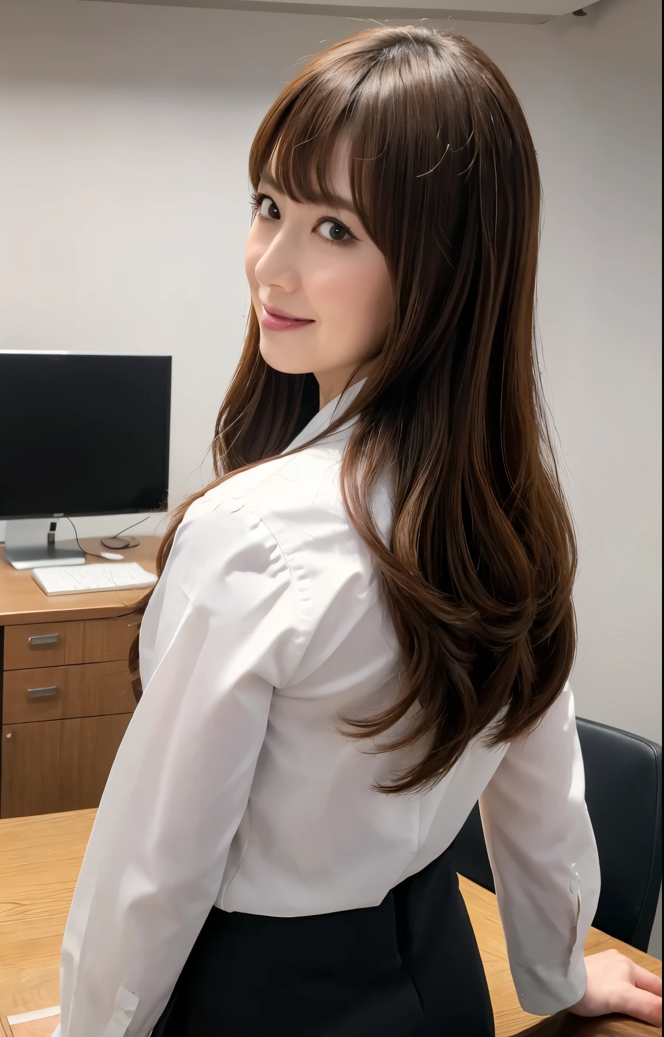 (Best quality, 8k, 32k, Masterpiece, UHD:1.2), from behind, 1 walking girl, beautiy Japanese office lady, (smile:0.5), (looking at the the viewer), 30 years old, bit chubby, white shirt, black skirt, office room, desk, detailed beautiful face, twin-tail wavy hair, from below,