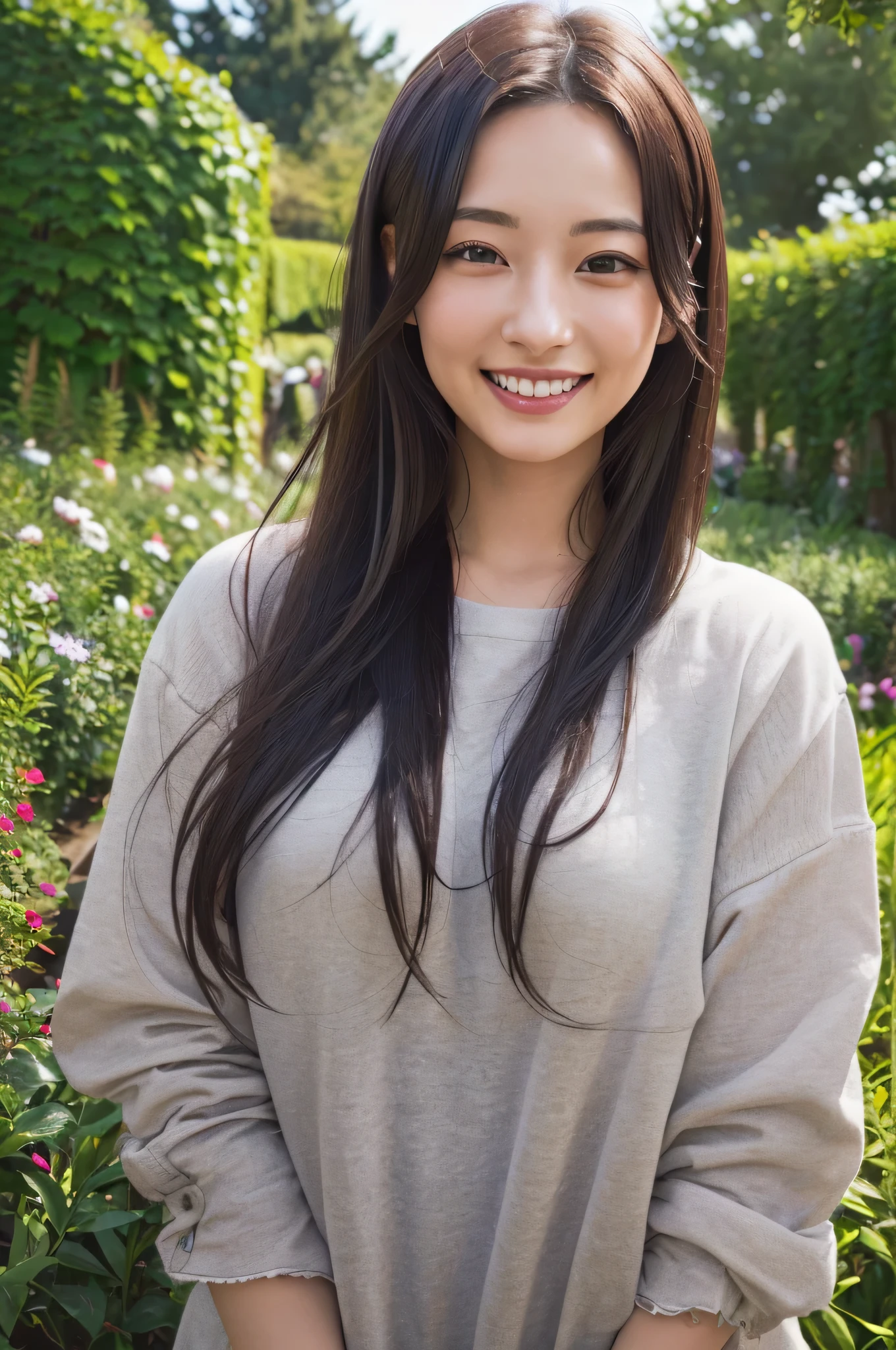 Minami Hamabe,(highest quality,16k,High resolution:1.2),Dark brown long hair,Girls in their 20s,Very detailed,One Girl,A beautiful 26 year old woman,(Minami Hamabe:1.3),(smile),garden,(high quality,ultra detailed,best quality,masterpice,4k,taken by nikon d750:1.0)