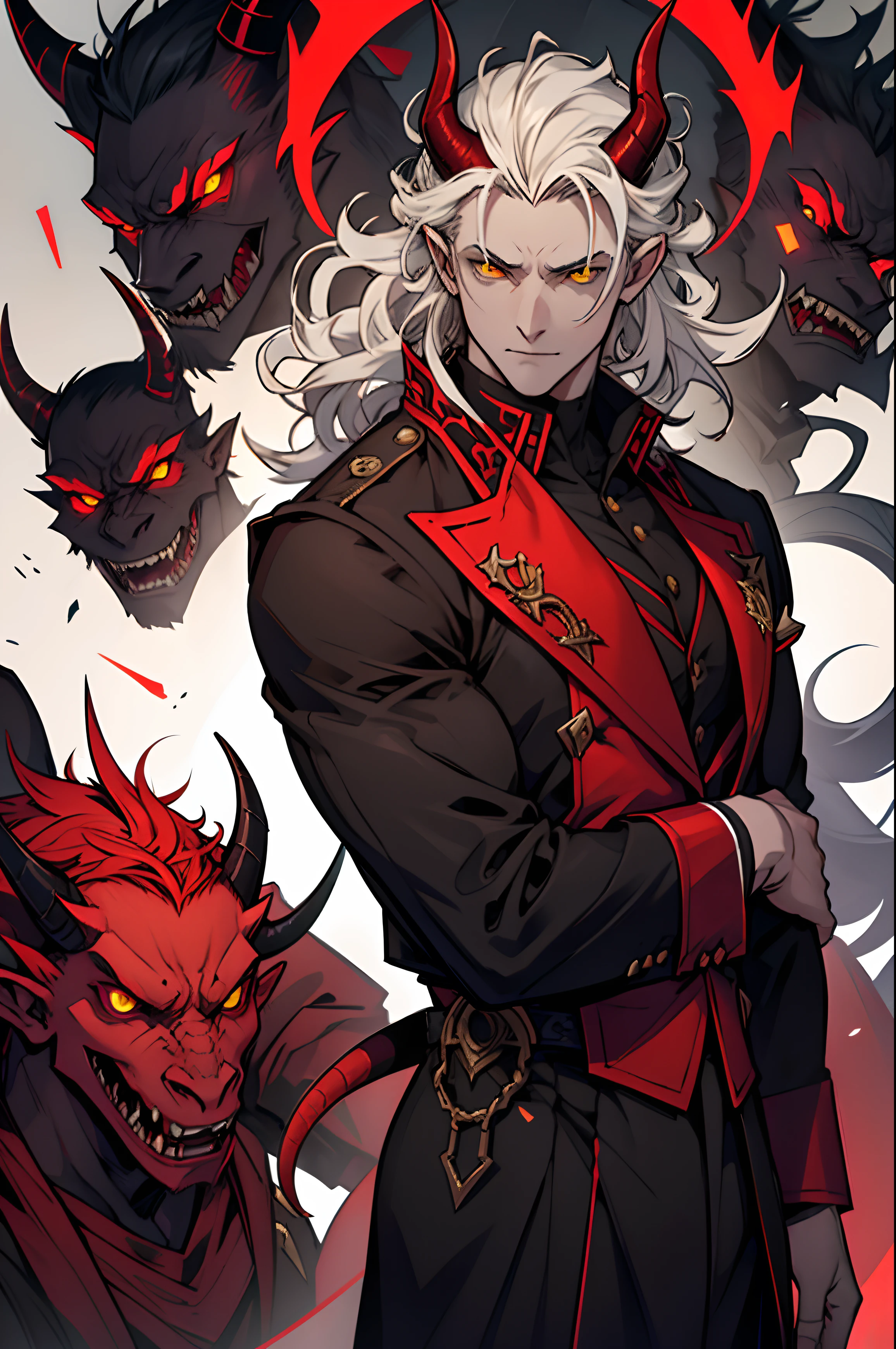 The Man with the Gray Skin, demon, A devil with horns and curls that grow out of his forehead, red skin, Yellow eyes, tiefling, Devil's Tail.