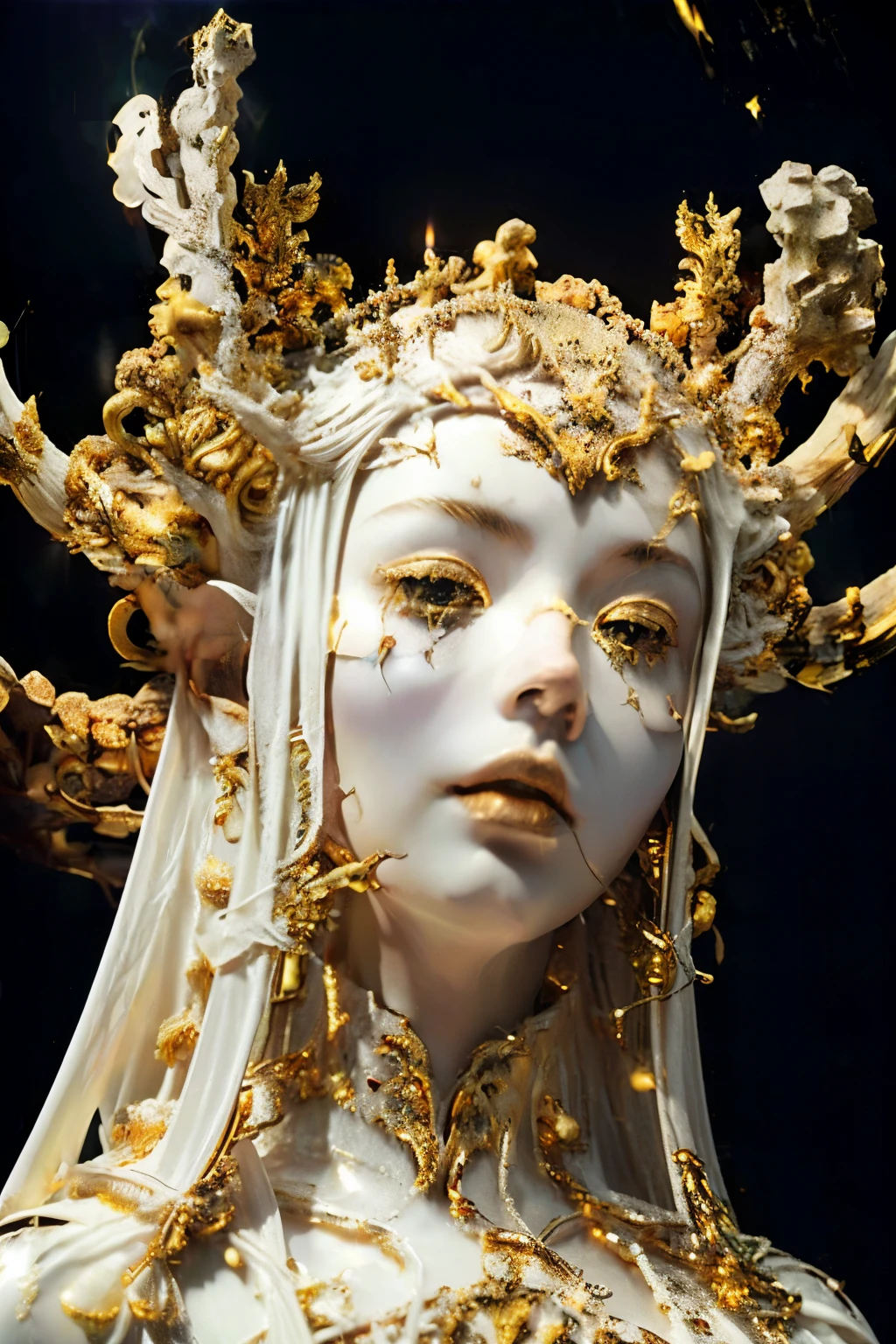 1 Girl, Solitary, sculpture, White skin, Face Shooting, fissure, strong reflection, black background, Studio Lighting, Gold strokes, a woman in a white dress with antlers on her head, a surrealist sculpture, inspired by Russell Dongjun Lu, tumblr, rococo, white candles, handsome man, biopunk futuristic wardrobe, cai xukun