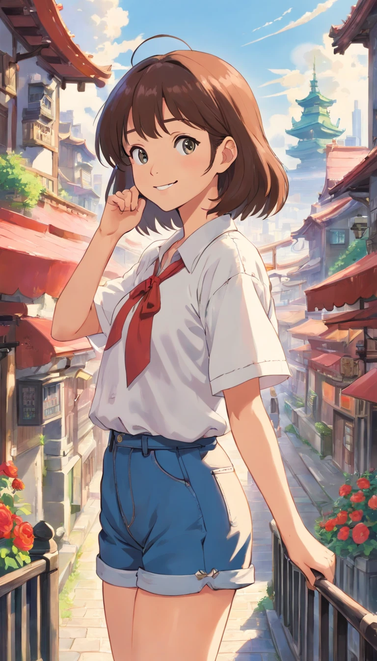 (masterpiece, best quality:1.2), cowboy shot, solo, 1girl, mistralrose, smile, looking at viewer, white shirt, short sleeves, shorts, cityscape scenery