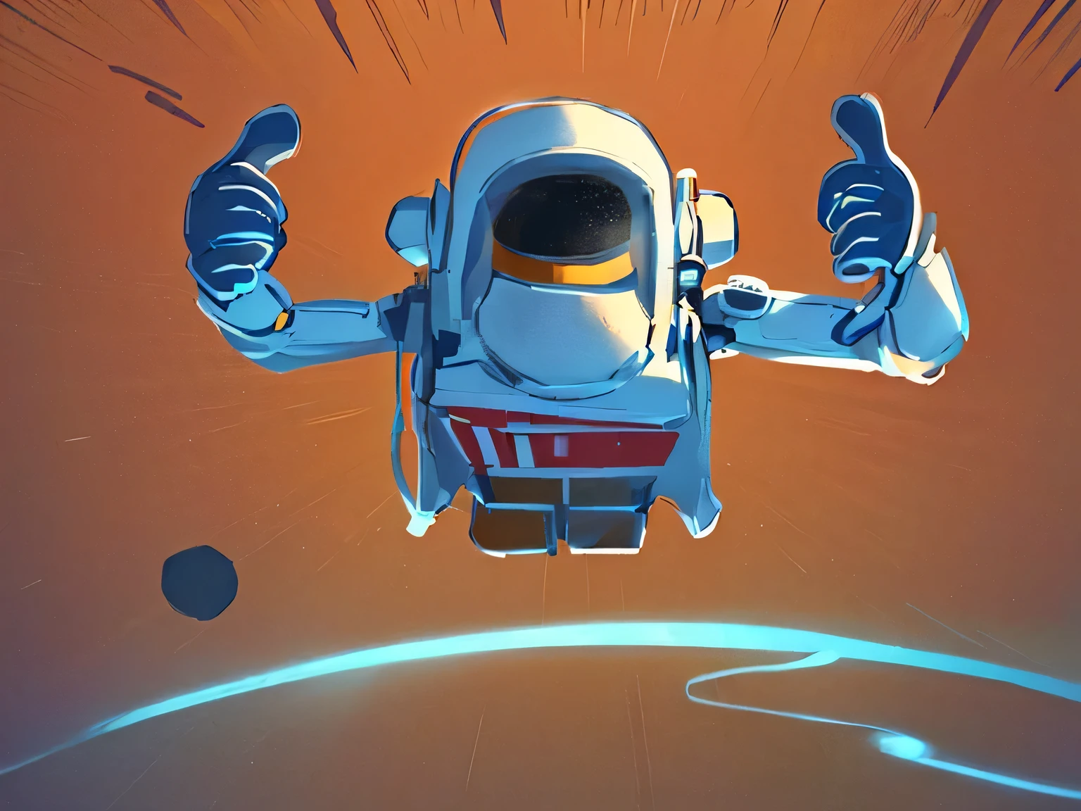 cartoon of a man in a space suit with a thumbs up, heavy gesture style closeup, helmet is off, jetpack, animatic, jumping towards viewer, with a space suit on, hand - drawn animation, hand drawn animation, explorer sketch, astronaut, an astronaut, robot!, spacesuit, an astronaut giving a peace sign, happy robot, in style of baymax