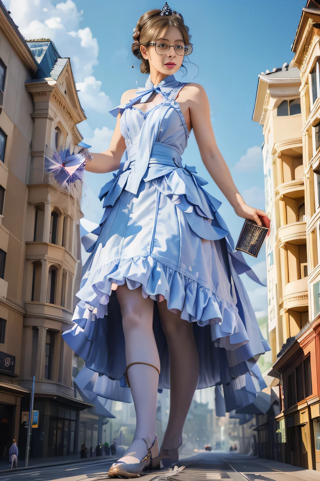 giantess art, highly detailed giantess shots, giantess, Two legs, Five fingers, short hair, super giant princess, A beautiful girl who is bigger than any skyscraper, Wearing rimless glasses, Big Breasts, White gorgeous dress, White Pantyhose, white pantyhose, White stiletto sandals, toes visible through pantyhose, Destroying cities, A very small big city, Miniature metropolis, Full body description, GTS, giga giantess, stomping city, crash city, tiny city, micro city, pantyhose feet, High resolution, highest quality, masterpiece, princess dress, 