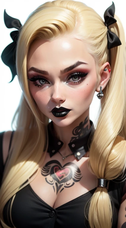 50's Style. Pretty Blonde Girl's Face with Long Hair with Tattoos on Face and Neck Black make-up and black lipstick. Cholo style. Pin-Up Retro Style. White Background