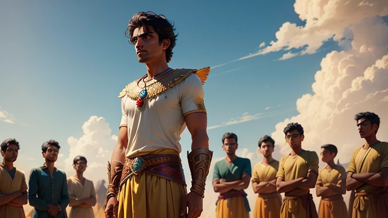 Arjun standing before the concerned villagers, confessing about the golden feather. The villagers listen intently, with expressions of worry and hope. Disney pixar Movie style