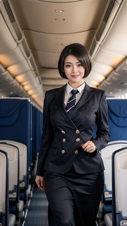 1beautiful womanl, 28years、hyperdetailed face、Detailed lips、A detailed eye、double eyelid、(Black bob hair、Smiling while walking gracefully down the aisle)、(Stewardess uniform:1.2)、((beautiful tie)) (Glamorous body)、(Colossal tits)、((short-cut hair))、(large full breasts)(big butts)(Plump body)(plump body shape)( large full breasts)(Colossal tits)((J-Cup))、highs thighs thighs thighs, Perfect fit, Perfect image realism, Background with: (Business Class aisle on airplanes:1.2), Cowboy Shot, Meticulous background, detailed costume, Perfect litthing、Hyper-Realism、(Photorealsitic:1.4)、8K maximum resolution, (masterpiece), ighly detailed, Professional