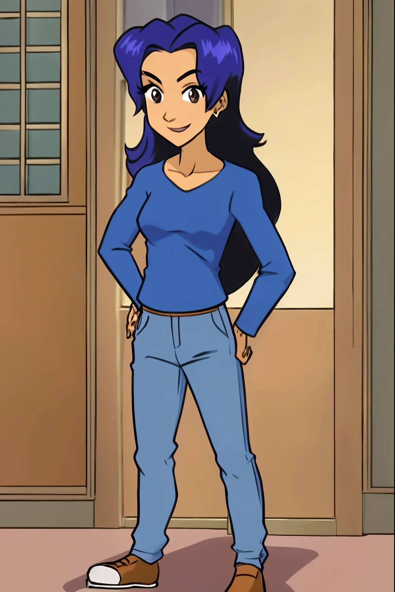 W.I.T.C.H., Susan Vamdom, brown eyes, long hair, blue hair, perfect body, brown skin, full body, light_blue_shirt, purpl_ pants, hands on hips, smilling