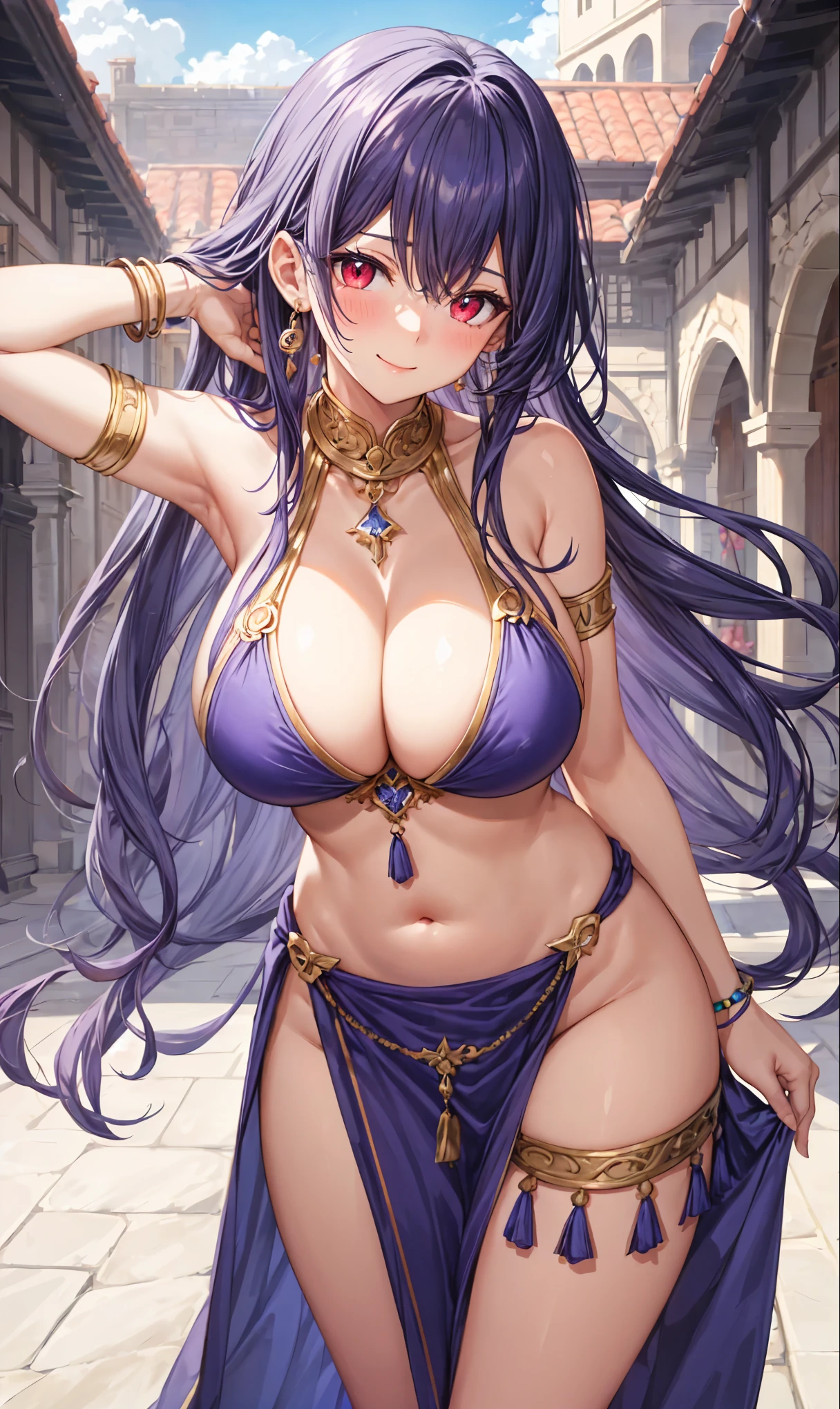 high quality, ultra detailed, best quality, insanely detailed, beautiful, masterpiece, 1girl, amine illustration, belly dancer, medieval plaza, red eyes, long hair, purple hair, harem outfit, bikini, pelvic curtain, circlet, ear_rings, armlets, bracelets, blush, closed mouth, light smile, big_breast, cleavage, soft stomach