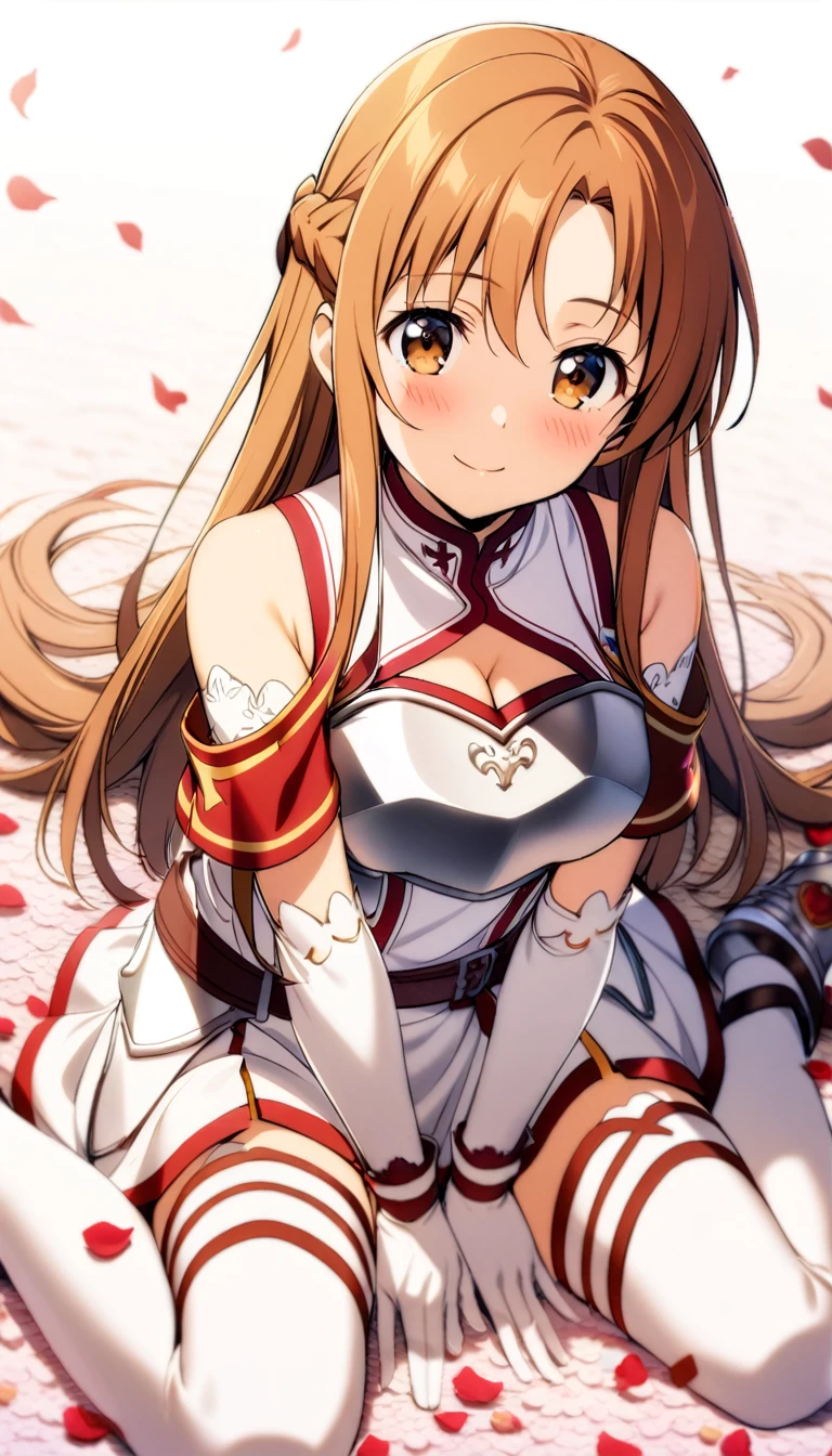 masterpiece, Highest quality, High resolution、Highest quality、unity 8k wallpaper、32k、Very detailed、超High resolution、Very detailedな顔、RAW Photos、Professional、Ultra-fine painting、asuna yuuki, long hair, brown hair, brown eyes、skirt, thighhighs, bare shoulders, detached sleeves, white thighhighs, red skirt,、White and red magical girl costume、Puff sleeves、Pleated skirt、Long gloves、Thigh-high stiletto boots、A large white and red ribbon with a large ruby brooch on the chest、Hair Clip、Hair Ribbon、