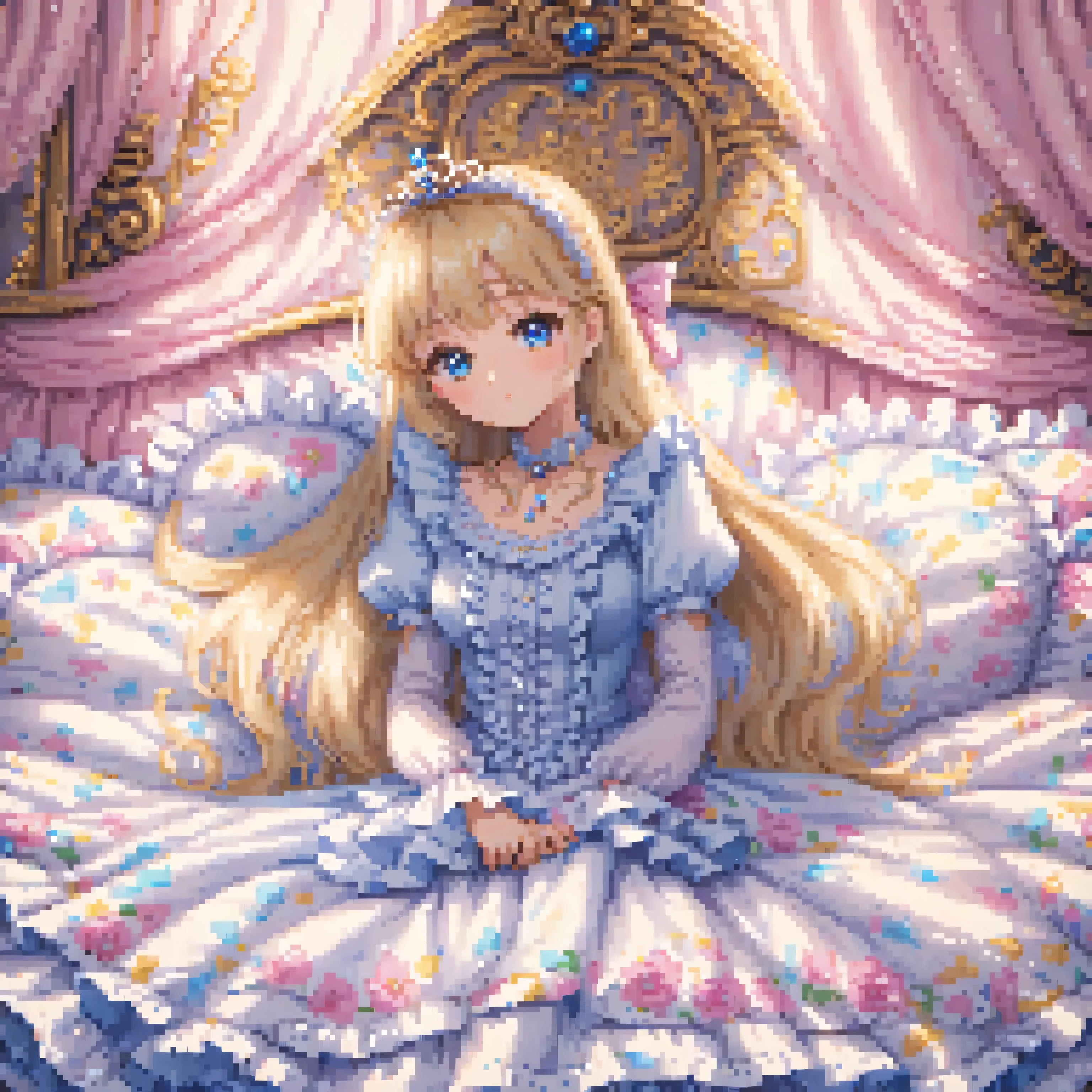,highest quality, masterpiece, highest resolution, artwork,,(( When I was 10 years old)),Super detailed baby face,Full length ball gown dress with hoop skirt,long skirt,ruffled yoke collar,puff sleeves,long blonde hair,blue eyes,white skin european,((inside the palace luxury bedroom)),canopy bed,luxurious curtains under the canopy,many frilly pillows on the bed,super detailed background,detailed bed,silk satin bed sheets,little princess is sitting on the bed,large ball gown dress that completely covers the legs,legs are hidden in the dress,Detailed pillow,Frilly pillows piled up behind the girl,