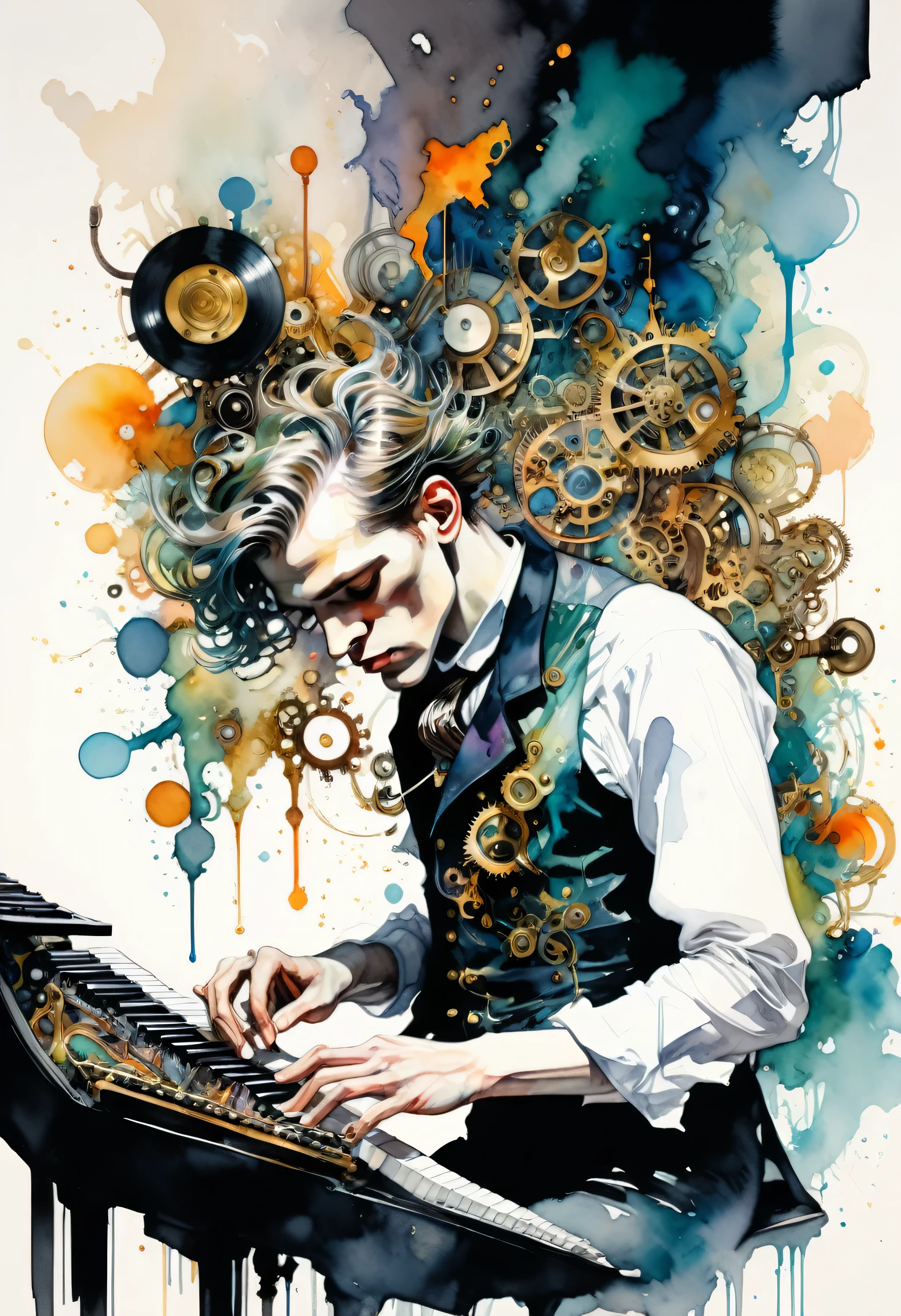 Glenn Gould playing a keyboard, surrounded by steampunk gear, tubes and colored liquids. Art by Agnes Cecile, art by J.C. Leyendecker.