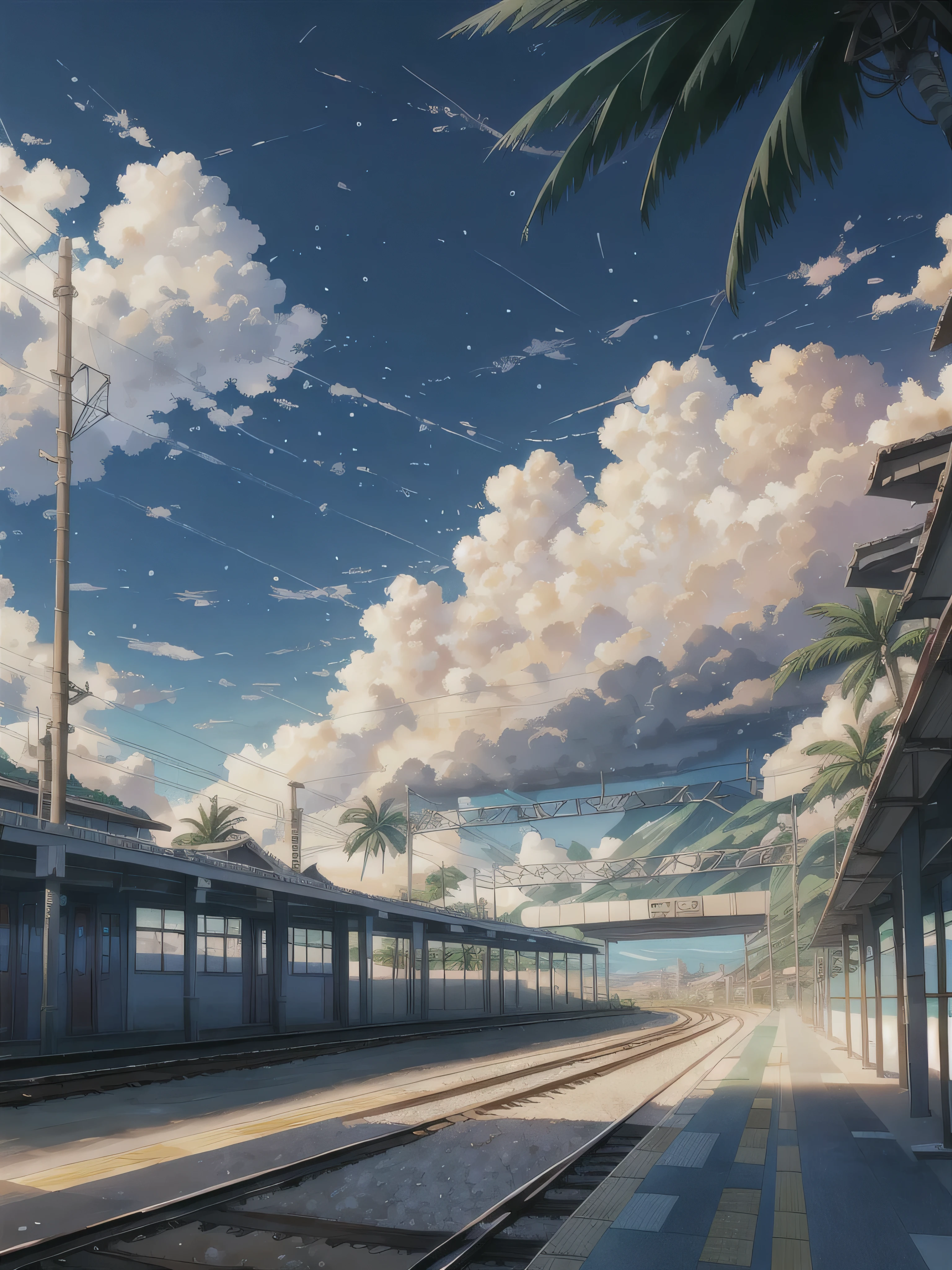 landscape, vntrainstation, train, coconut tree, bokeh, anime style, beach, cloudy, blue sky, 