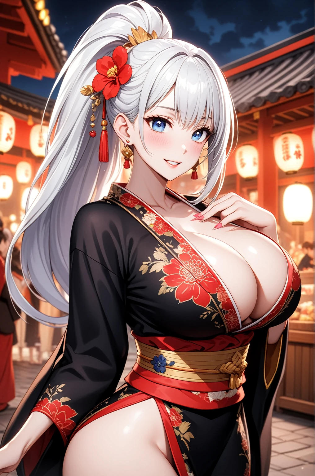 ((one personの女性)), Beautiful Face,Laugh shyly,Laughing with your mouth open,turn bright red,Glossy pink lips,night,Shrine festival stalls,((Anime style background)),masterpiece, highest quality, so beautiful, up to date, Complex details, (Pink long nails),AI-generated, Complex,High resolution, highest quality, super high quality,3D Images、View your audience、3D Images,one person,Long white hair,High Ponytail,blue eyes,Anime woman posing for a photo, [[Fine grain、Colorful eyes、Shining Eyes:1.15]],(Squint your eyes:1.1),a hyperRealistic , hyperRealistic , Realistic,Long haired white haired anime woman, Smooth anime CG art, A woman in a colorful kimono with gold embroidery, (Black kimono),Red floral pattern,Long flower hair ornament,Big earrings,(Big Breasts:1.1),Mature Body,tall,Big Ass,Fine details,Tight waist,Abdominal muscles,(Face close-up:1.5),Tilt your face,Beckon