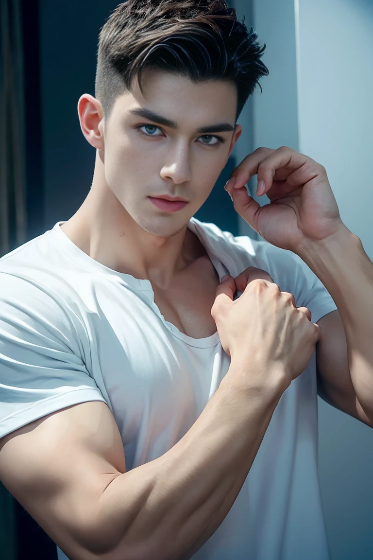 Ultra wide angle,((masterpiece)),((best quality)),8K,High Detail,Very detailed, 2 handsome muscular boys,Very manly,blue eyes,Stylish short hair,Vivid male image, fashion pose, masculine expression,Real skin texture, Perfect and realistic hand details,Light,
Royal blue style couple,White male model photos
