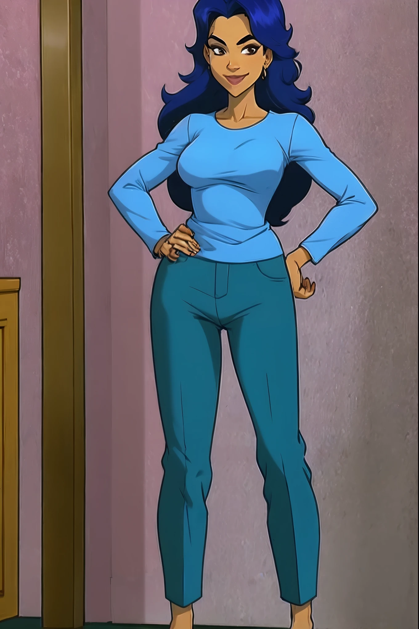 W.I.T.C.H., Susan Vamdom, brown eyes, long hair, blue hair, perfect body, brown skin, full body, light_blue_shirt, purpl_ pants, hands on hips, smilling