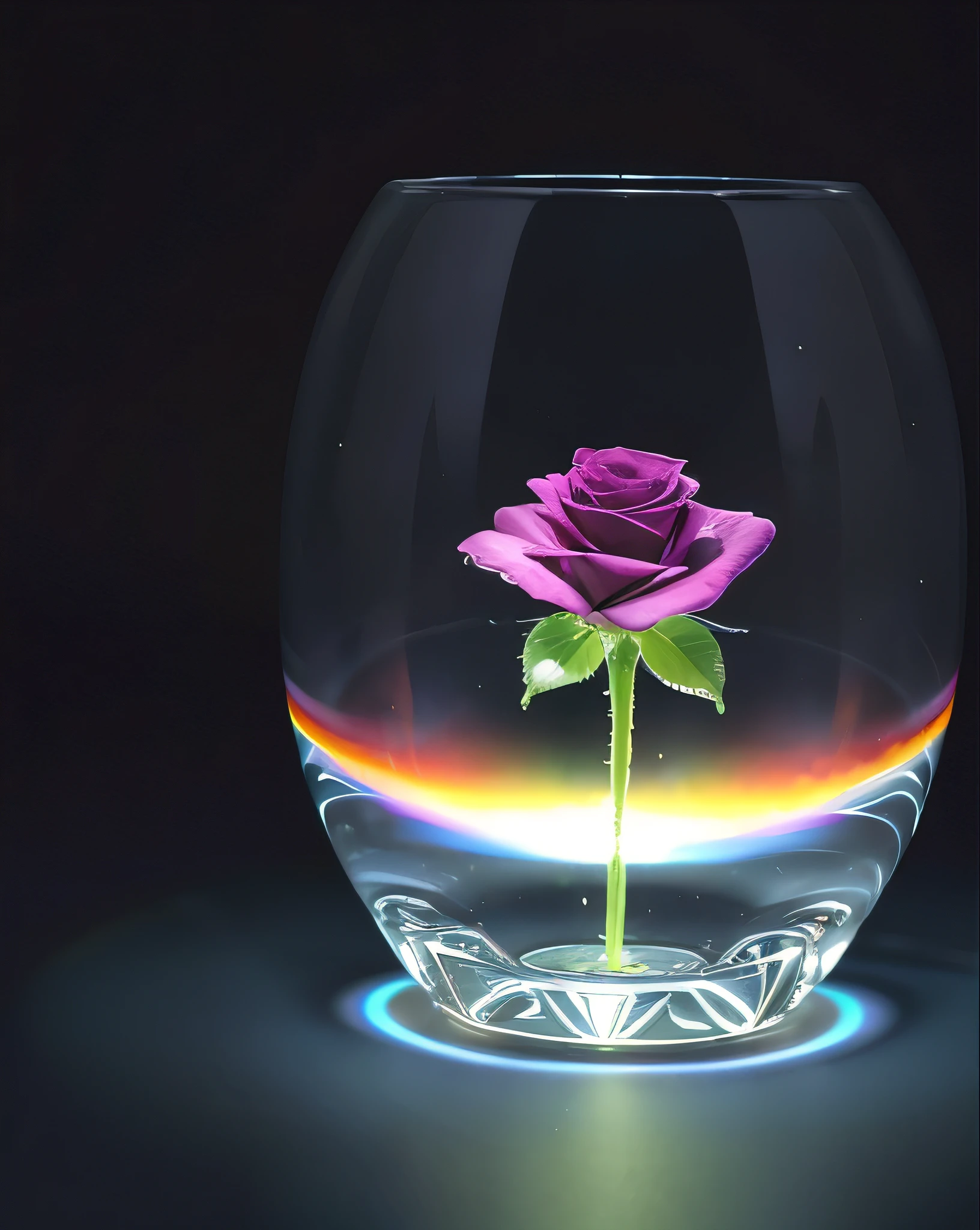 A masterpiece of the highest quality and extreme detail. In a bottle decorated with sophisticated high-tech equipment、A single transparent black rose is placed in the vase.。. State-of-the-art technology, Futuristic Art, A work of art never seen before on Earth. Zoom in. Vibrant, high-contrast colors. A black rose made with the ultimate DNA, It emits a mysterious rainbow aura and illuminates the space.. It&#39;s a creative atmosphere. Realistic, Like a real photo.