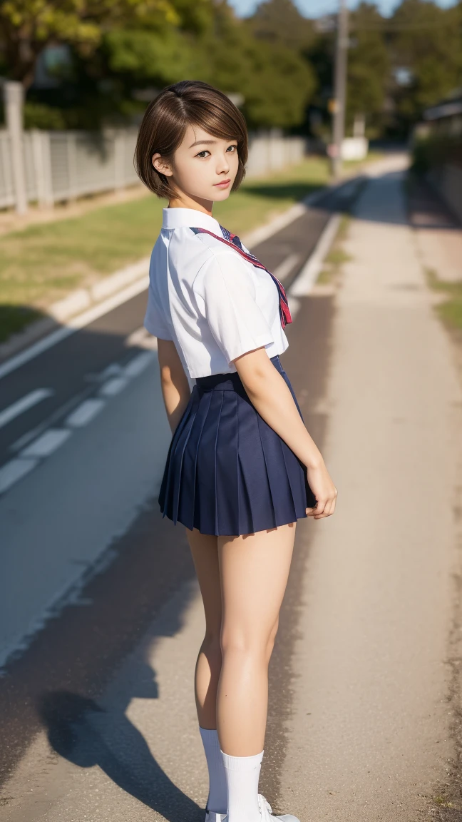 (highest quality, 8k, masterpiece: 1.3)), Ultra-realistic, RAW Photos, Rich colors, Realistic, Backwards,Back Angle,Low - Angle,(Japanese, one High school girl,uniform,Beautiful legs:1.4),loose socks,(Hairstyle Brown Hair Short Cut, big: 1.2), 