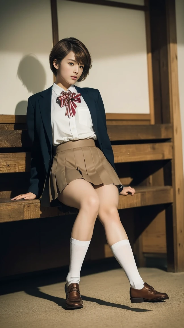 (highest quality, 8k, masterpiece: 1.3)), Ultra-realistic, RAW Photos, Rich colors, Realistic, Backwards,Back Angle,Low - Angle,(Japanese, one High school girl,uniform,Beautiful legs:1.4),loose socks,(Hairstyle Brown Hair Short Cut, big: 1.2), 
