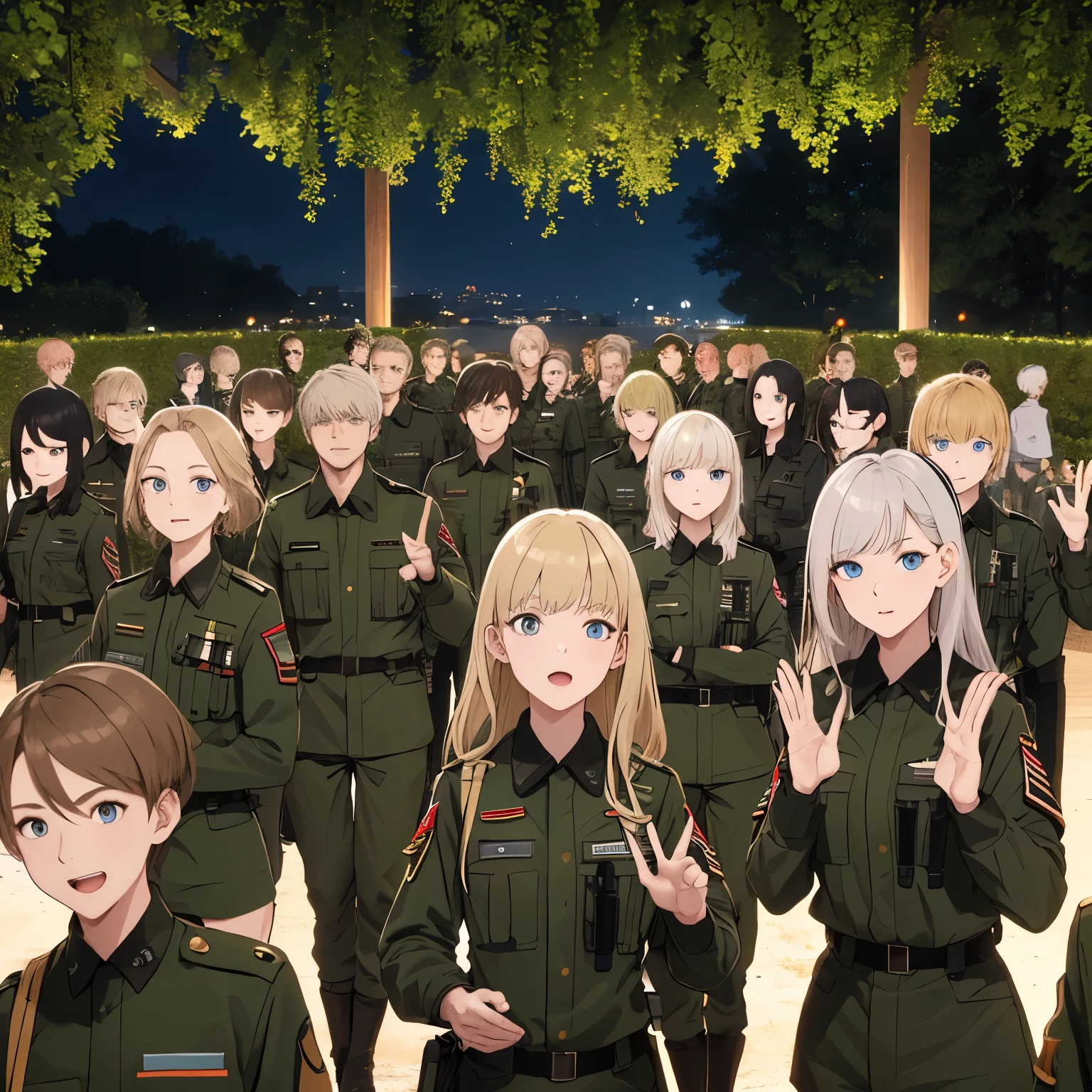 7 People, girls and boys,Clap, wearing army uniforms,30 years old, different hairstyles, different hair colors, different hair styles, different eye colors, ultra detail, ultra HD, garden background,standing,half body photo ,at night