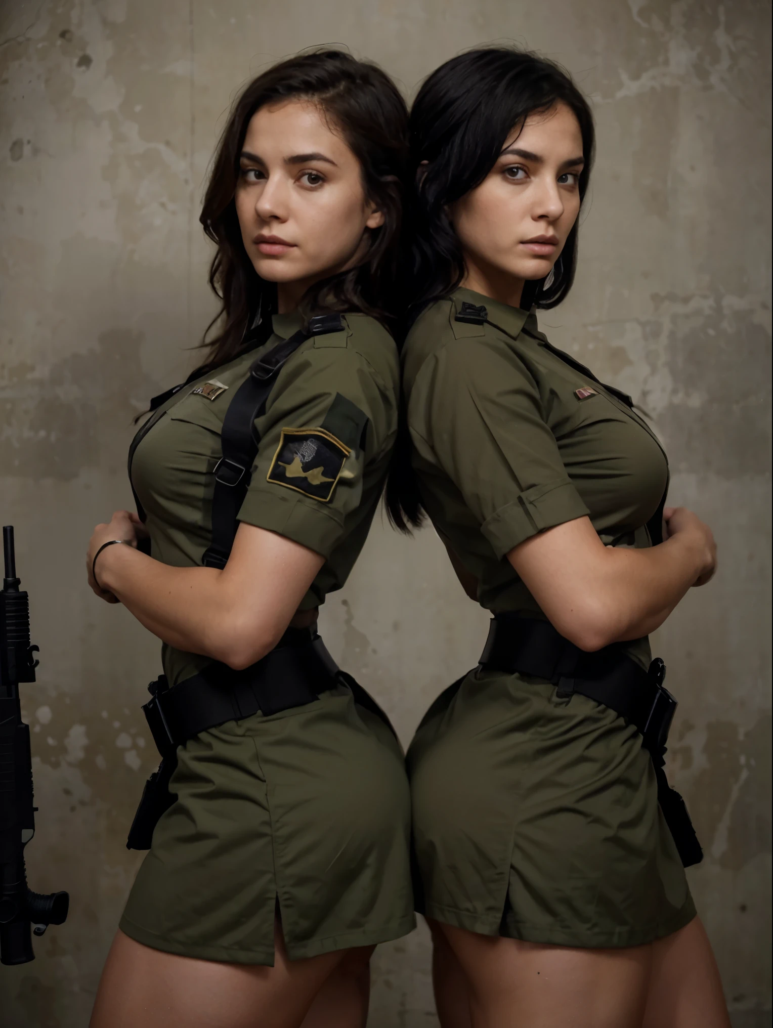 Two women in army fatigues stand back-to-back, a determined look on their faces. One hand rests on the other's shoulder in a gesture of solidarity. Text overlay: "Side by side, we stand strong. The bond of sisterhood knows no bounds, wearing sexy dress ,guns in hands,violet myers,black hair ,sexy girls