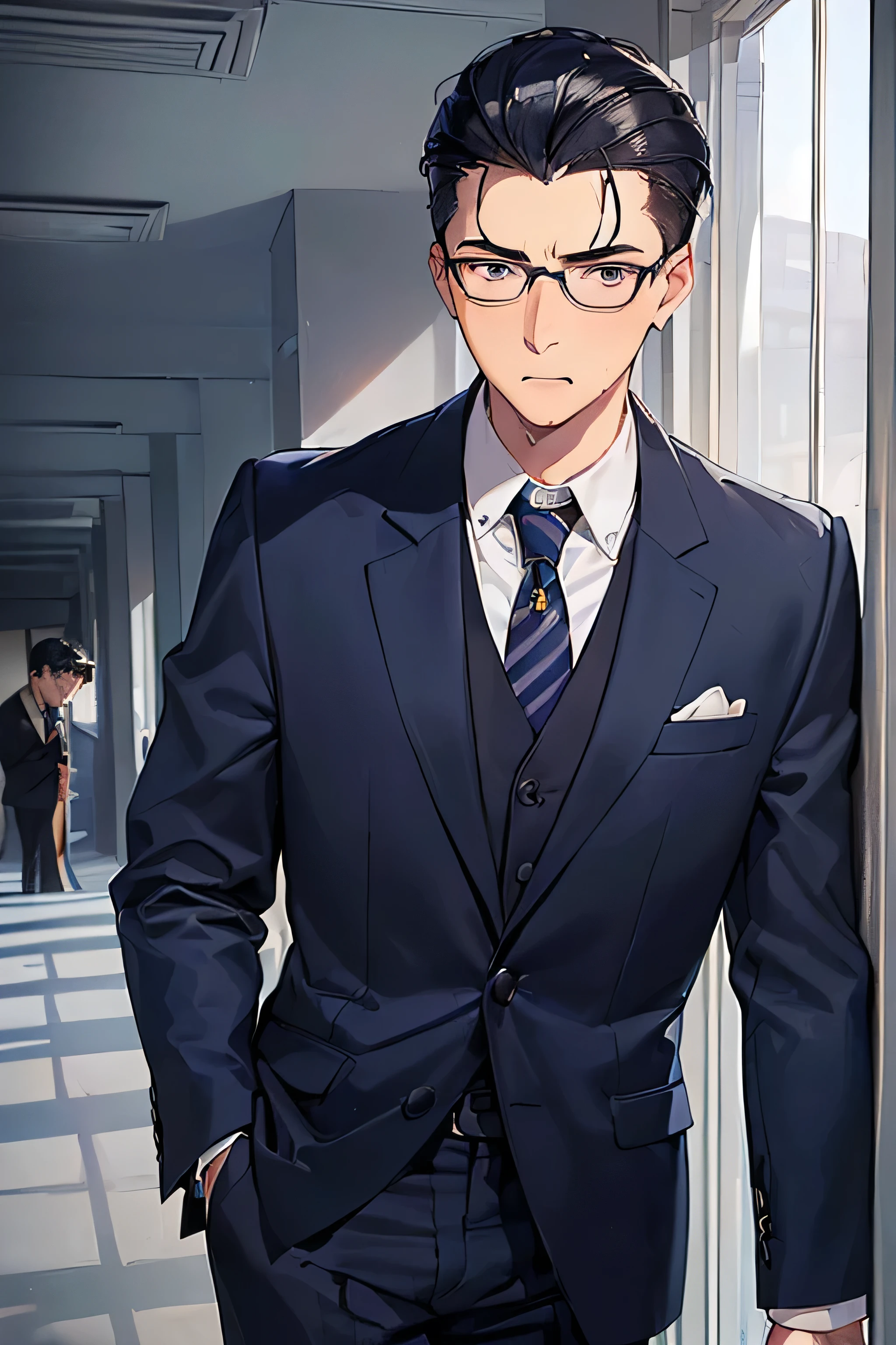 ((highest quality)), ((masterpiece)), ((detailed)), (((Perfect Face))), (((An 18-year-old man wearing glasses and a navy blue suit１Boy))), (((Left-handed black hair slicked back))), (((Nervous))), (((big, Big eyes))), (((School corridor))), (((View Viewer))), (((surprised:1.4))), (((Mouth closed)))