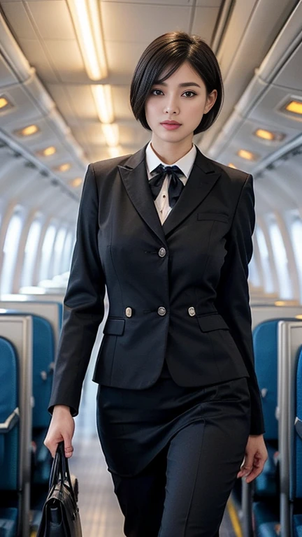 1beautiful womanl, 28years、hyperdetailed face、Detailed lips、A detailed eye、double eyelid、(Black bob shortcut hair , while walking gracefully down the aisle)、(Stewardess uniform:1.2)、(Glamorous body)、(Colossal tits)、thighs thighs thighs thighs, Perfect fit, Perfect image realism, Background with: (Business Class aisle on airplanes:1.2), Cowboy Shot, Meticulous background, detailed costume, Perfect litthing、Hyper-Realism、(Photorealsitic:1.4)、8K maximum resolution, (masterpiece), ighly detailed, Professional