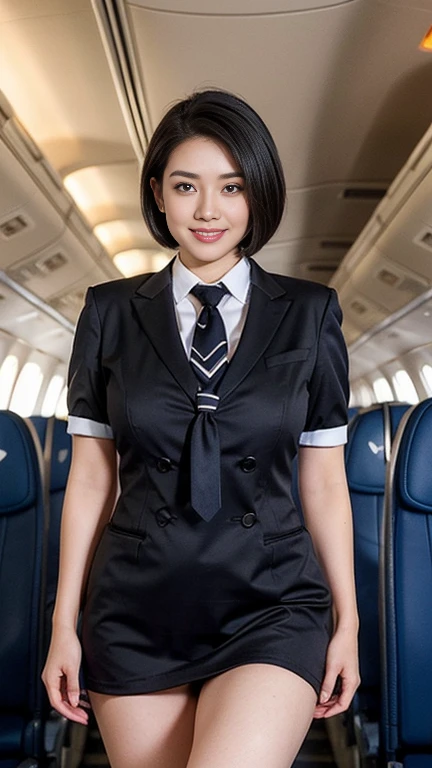 1beautiful womanl, 28years、hyperdetailed face、Detailed lips、A detailed eye、double eyelid、(Black bob hair、Smiling while walking gracefully down the aisle)、(Stewardess uniform:1.2)、((beautiful tie)) (Glamorous body)、(Colossal tits)、((short-cut hair))、（large full breasts）（big butts）（Plump body）（plump body shape）（ large full breasts）（Colossal tits）((J-Cup))、highs thighs thighs thighs, Perfect fit, Perfect image realism, Background with: (Business Class aisle on airplanes:1.2), Cowboy Shot, Meticulous background, detailed costume, Perfect litthing、Hyper-Realism、(Photorealsitic:1.4)、8K maximum resolution, (​masterpiece), ighly detailed, Professional